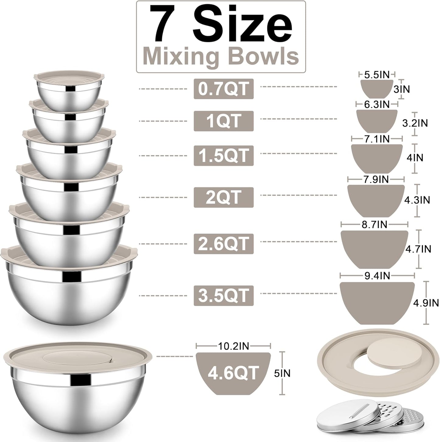 E-far Mixing Bowls with Lids Set, 7-Piece Stainless Steel Metal Mixing Bowls with Grater Attachments, Size 4.6, 3.5, 2.6, 2, 1.5, 1, 0.7QT, Nesting Design & Khaki Airtight Lids, For Cooking/Serving