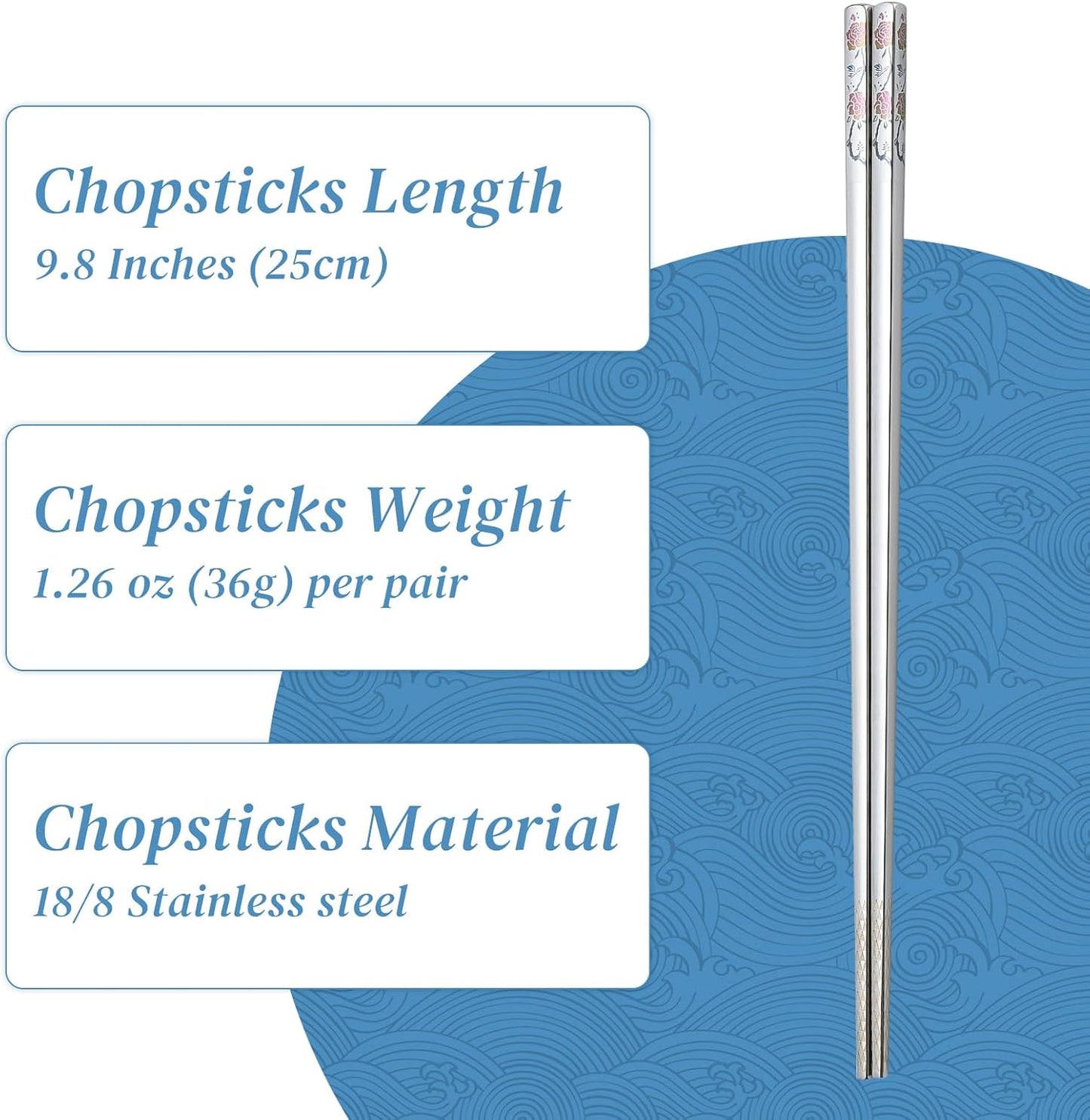Stainless Steel Chopsticks, Titanium Plated Metal Chopsticks, 9.8" Premium Japanese Korean Color Laser Engraved Cooking Chop Sticks, Dishwasher Safe, Reusable, Anti-slip, Anti-scald, 2 Pairs Gift Set