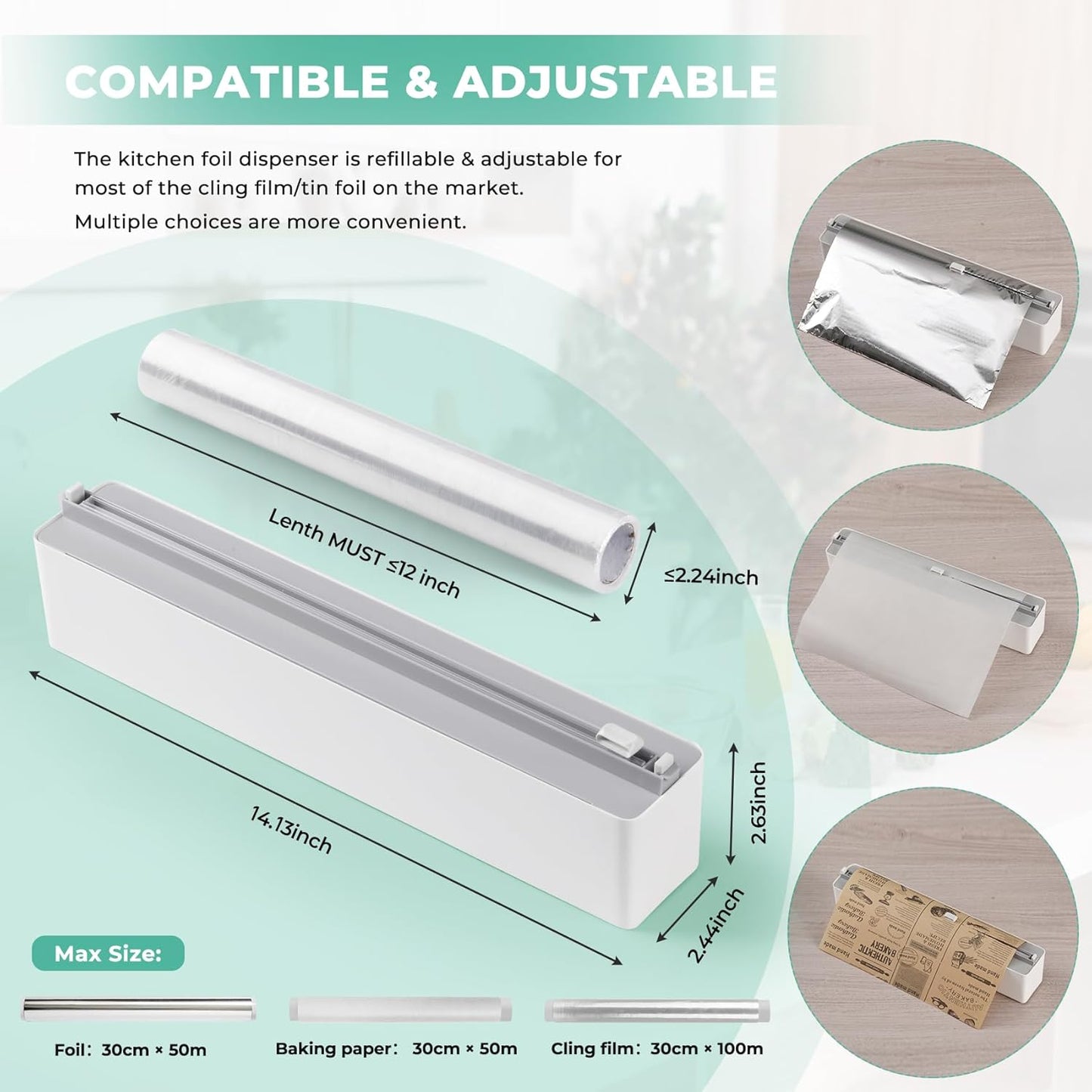 Magnetic Plastic Wrap Dispenser with Cutter - Quasziwa Upgrade Practical Refillable Cling Wrap Aluminum Tin Foil Organizer for Drawer, Include an Extra Roll of 12"X 164' Food Cling Film - Grey