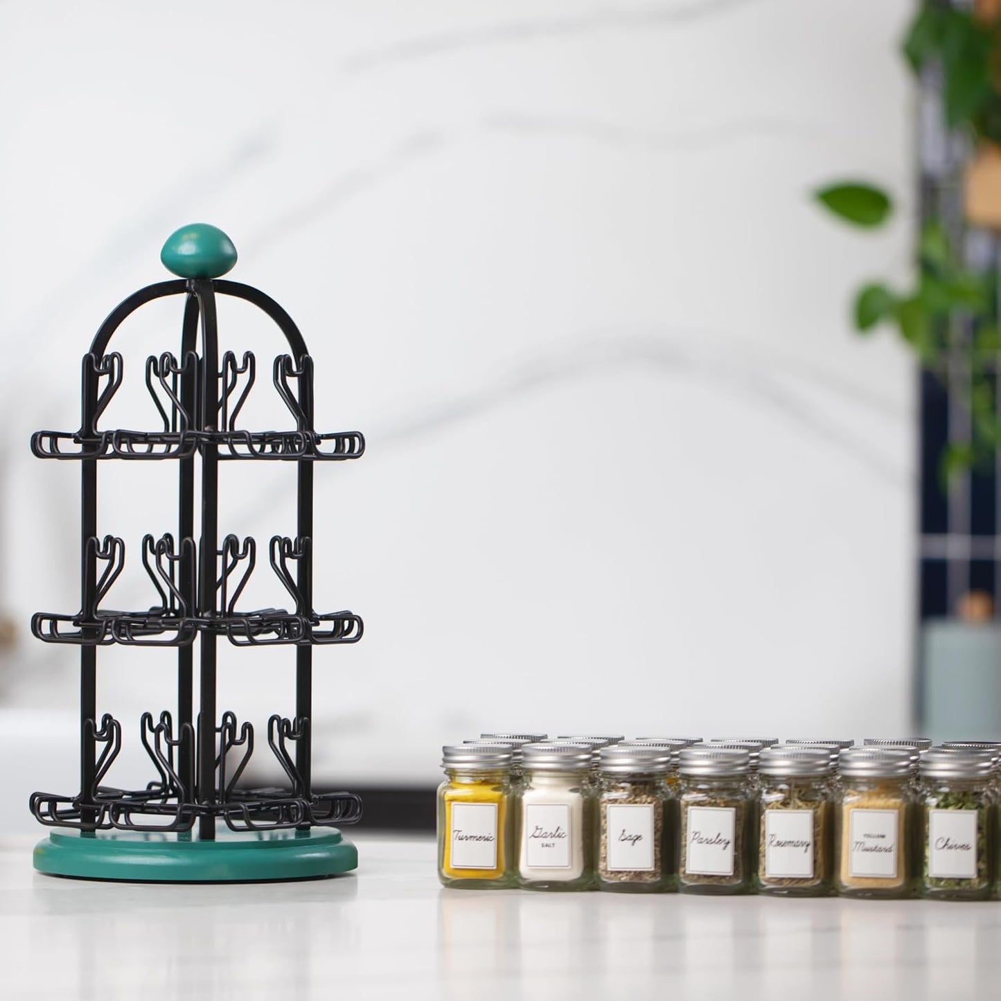 Orii Adrinova 24 Jar Revolving Spice Rack with Spices Included, Spice Organizer for Kitchen Countertop, Black & Green