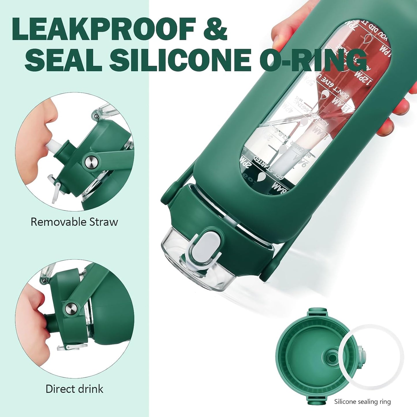 kytffu 42oz Glass Water Bottles with Straw, Motivational Glass Bottle with Silicone Sleeve and Time Marker, Leakproof Large Glass Water Jug for Gym Home Office, Ink green