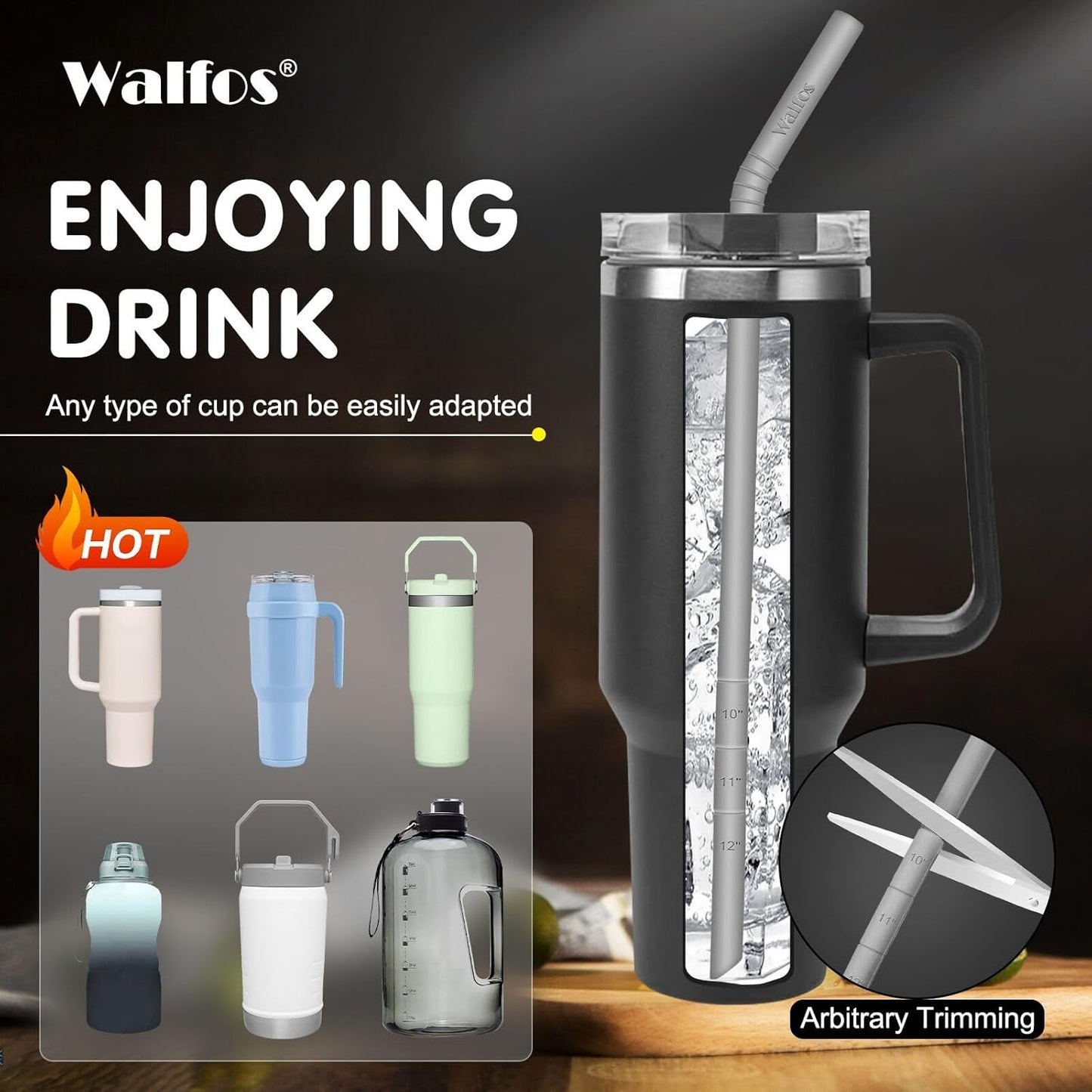 WALFOS Extra Long Reusable Silicone Straws 14.5 inch, Big Sizes Flexible Bendy Straws for 1/Half Gallon Large Water Bottles, 128 75 64 40 OZ Tumbler with Cleaning Brush (6-Pack)