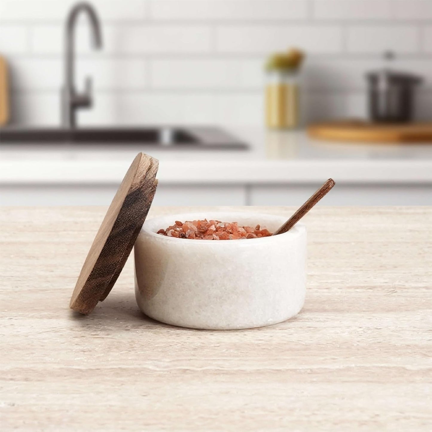 Marble Salt Cellar with Acacia Wood Lid and Spoon – 4-inch Salt Box with Spoon Slot, Kitchen Spice Container for Salt, Sugar, or Spices (White)