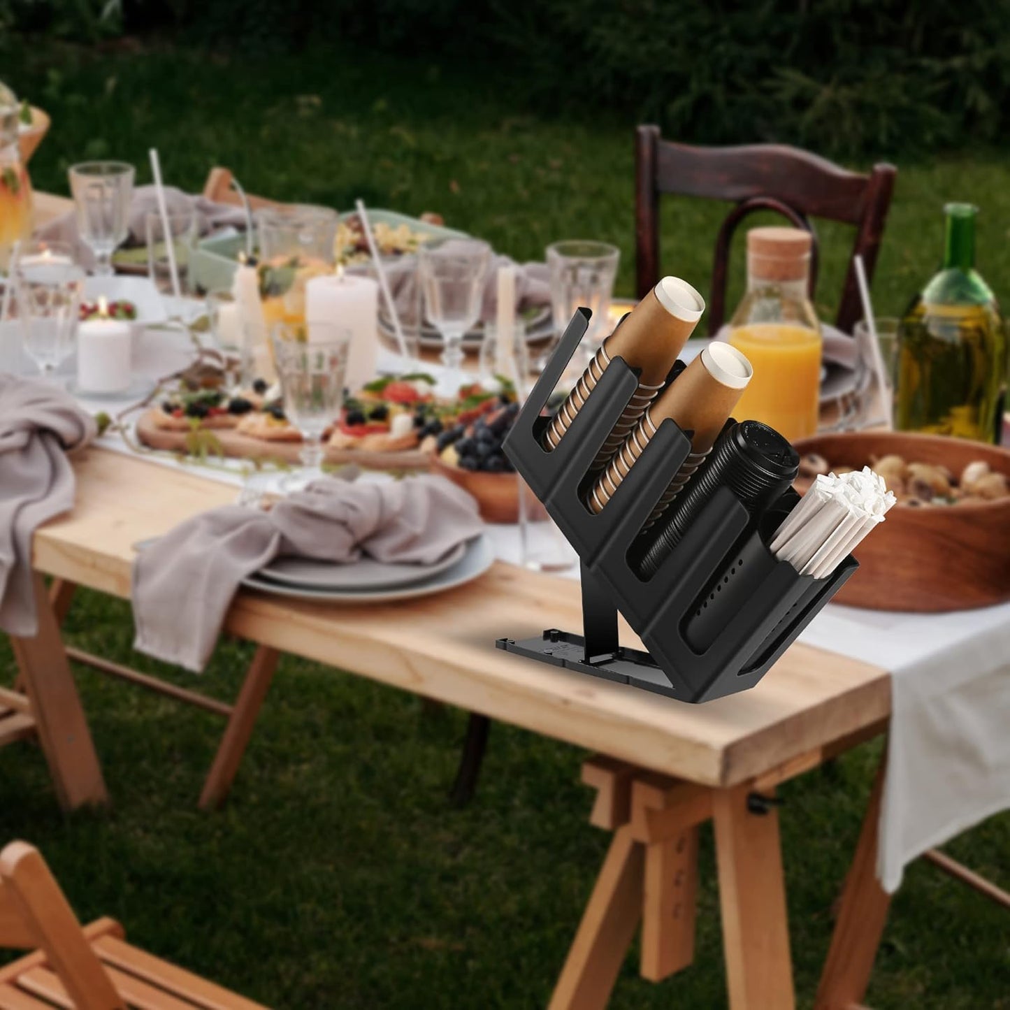 Paper Cup and Lid Holder with Straw Organizer, Disposable Coffee Cup Dispenser for Countertop Coffee Station Bar Restaurant Breakroom, Black