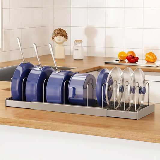 Expandable Food Storage Container Lid Organizers, 22" Pots and Pans Organizer Under Cabinet with 9 Adjustable Dividers Pot and Pan Lid Holders Rack Inside Cabinet(Gray,1 Pack)