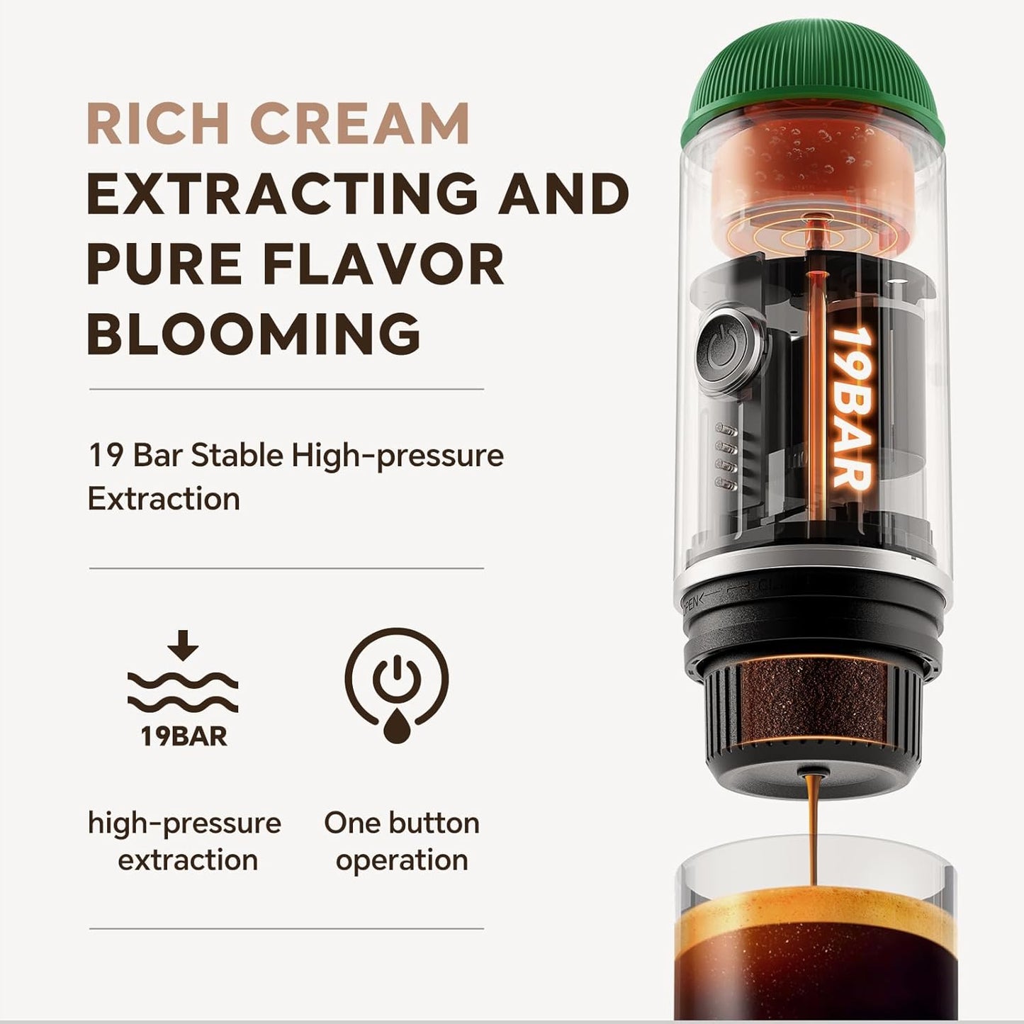 Rich Crema Portable Electric Espresso Coffee Maker, Fast self-heating 2 IN 1 Extraction System Espresso Machine, Support Ground Coffee and NS capsule, for Travel、Car、Hiking、Climbing（Green）