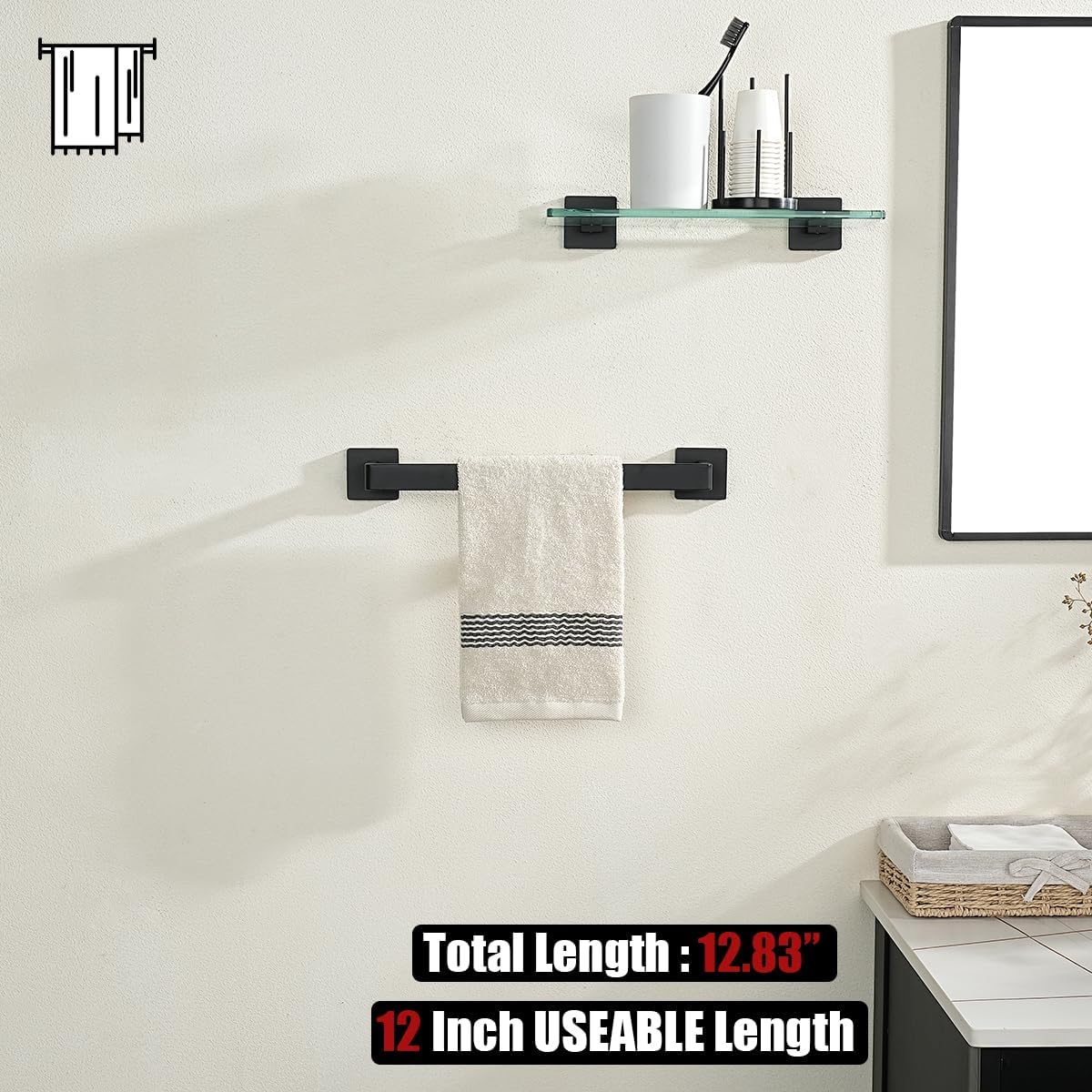 JQK Black Towel Bar, Rounded Edges 18.41 Inch Towel Rack, 304 Stainless Steel Bathroom Wall Mount, Useable Length 16 Inch, TB250L16-PB