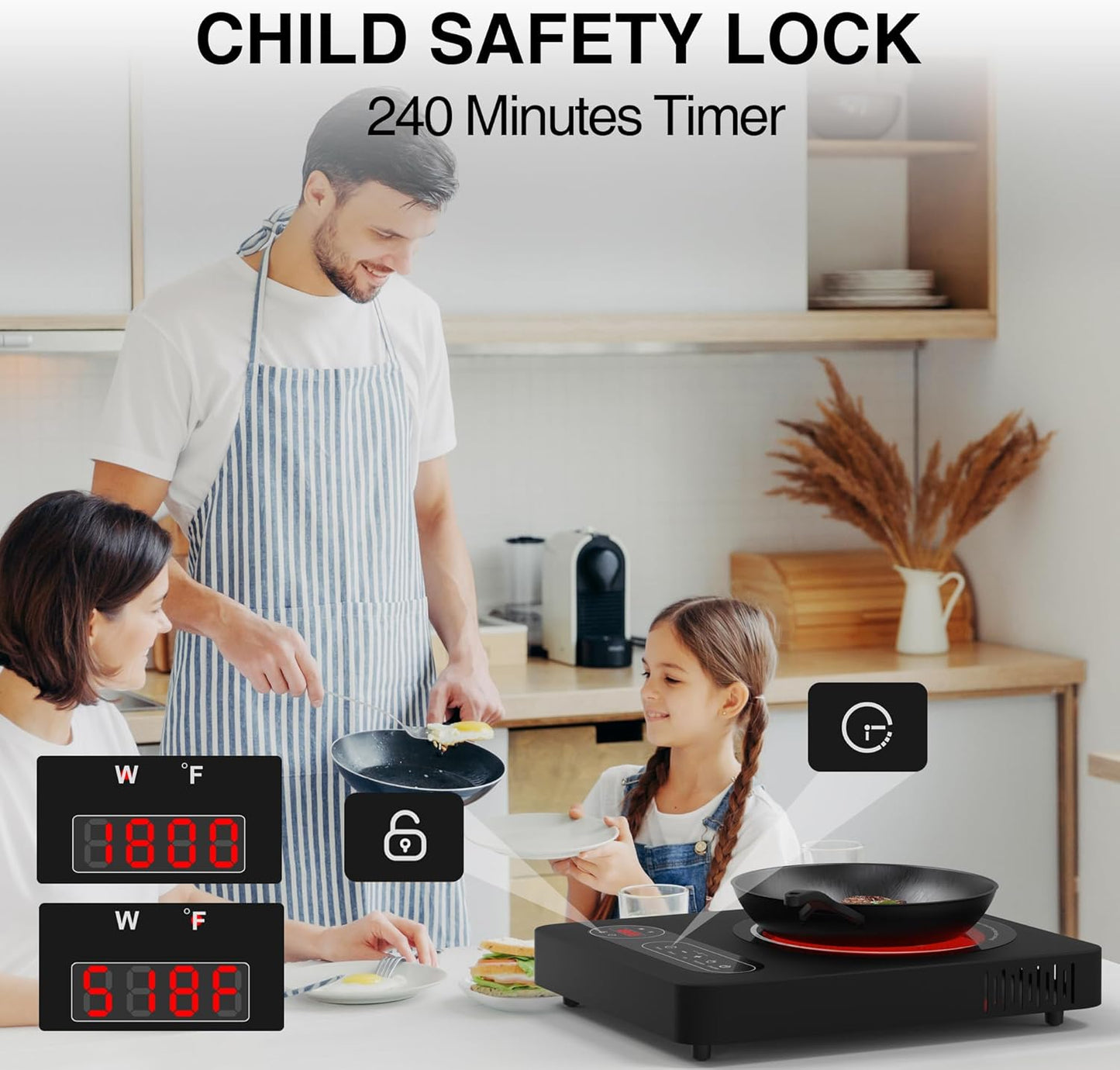 Single Burner Electric Cooktop 1800W - 110V Electric Stove Top Burner Portable Stove with LED Touch Control 10 Power Level, Hot Plate with Child Safety Lock, Timer and Overheat protection