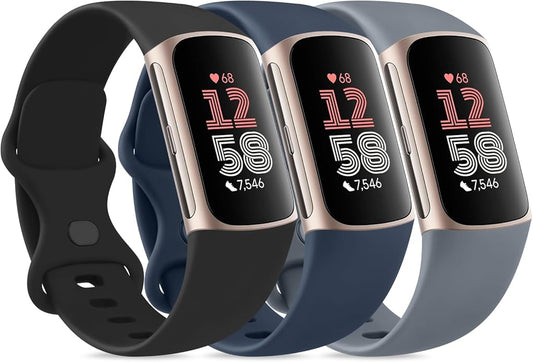 3 Pack Bands for Fitbit Charge 6 / Charge 5 Bands Women Men, Soft Silicone Waterproof Adjustable Wristband Replacement Sport Straps for Fitbit Charge 5 / Charge 6 Fitness Tracker