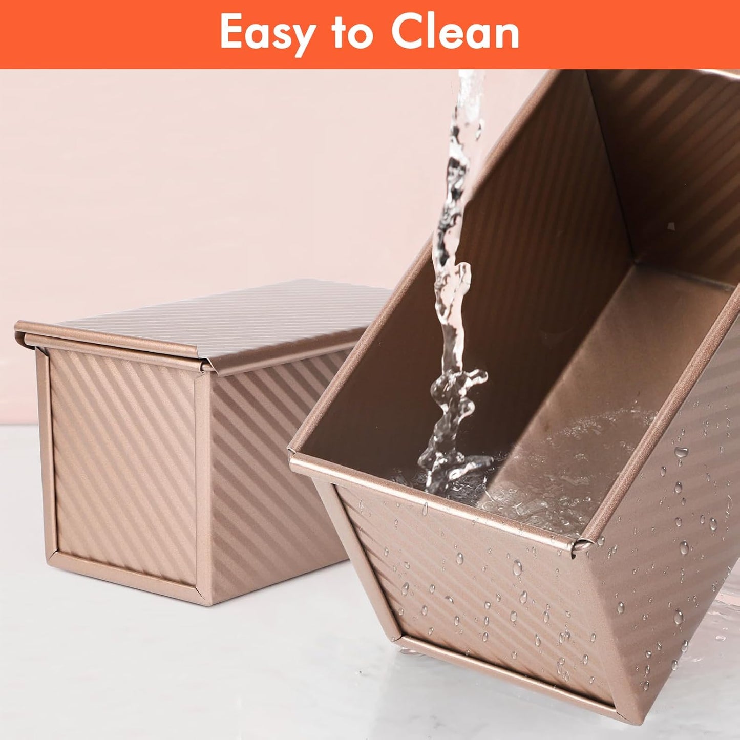 Beasea Pullman Loaf Pan with Lid, 2 Pack 1 lb Non-Stick Bread Loaf Pans Carbon Steel Bread Toast Box with Cover for Homemade Bakeware Bread Toast Oven Baking - Rose Gold