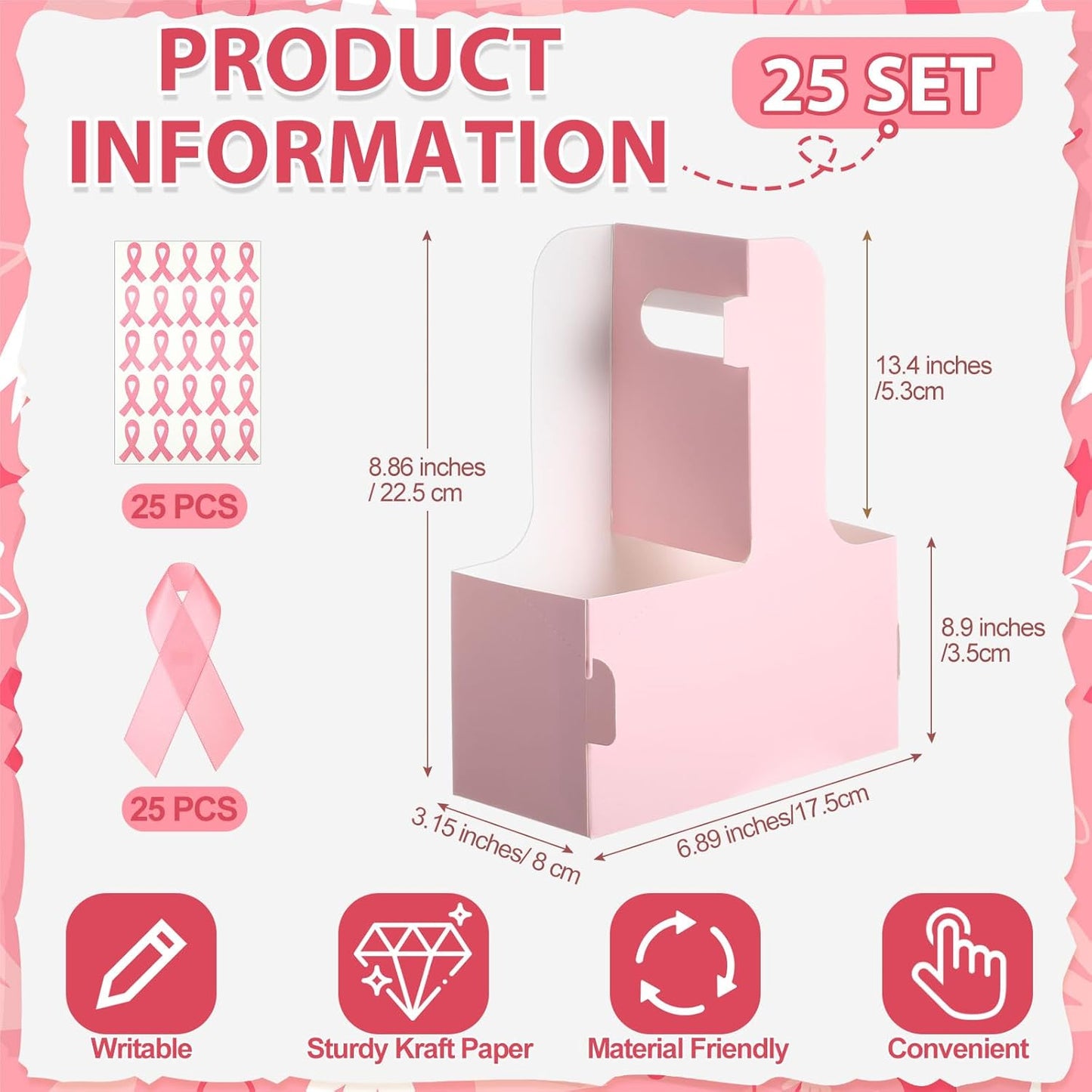 TaoBary 25 Set Breast Cancer Awareness Gifts 2 Cup Drink Carrier with Handle Pink Portable Foldable Tray Drink Holder Breast Cancer Gifts for Woman Disposable Coffee Cup Holder with Pink Ribbon
