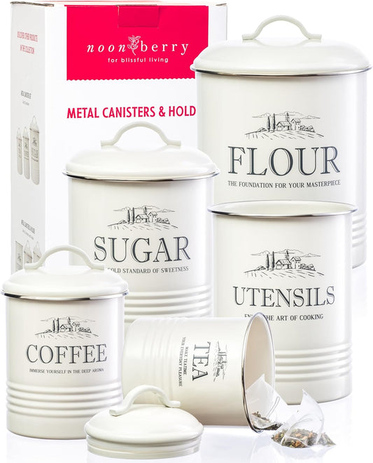 Kitchen Canisters for Countertop – Set of 5 White Canister Sets for the Kitchen Counter - Sugar and Flour Airtight Containers - Rustic Farmhouse Storage