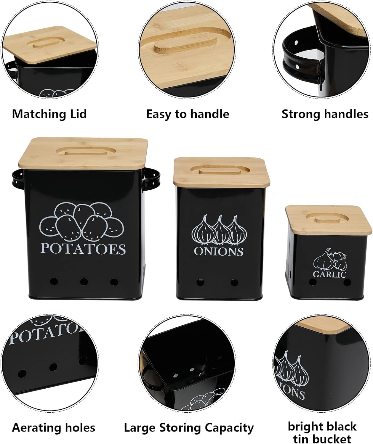 Kitchen Canisters Set, Storage Bin for Potato Onion & Garlic, 3 Pack Set Countertop Pots Containers with Wooden Lid - Potato Storage, Garlic Bin, Onion Keeper Tin with Aerating Holes-Black