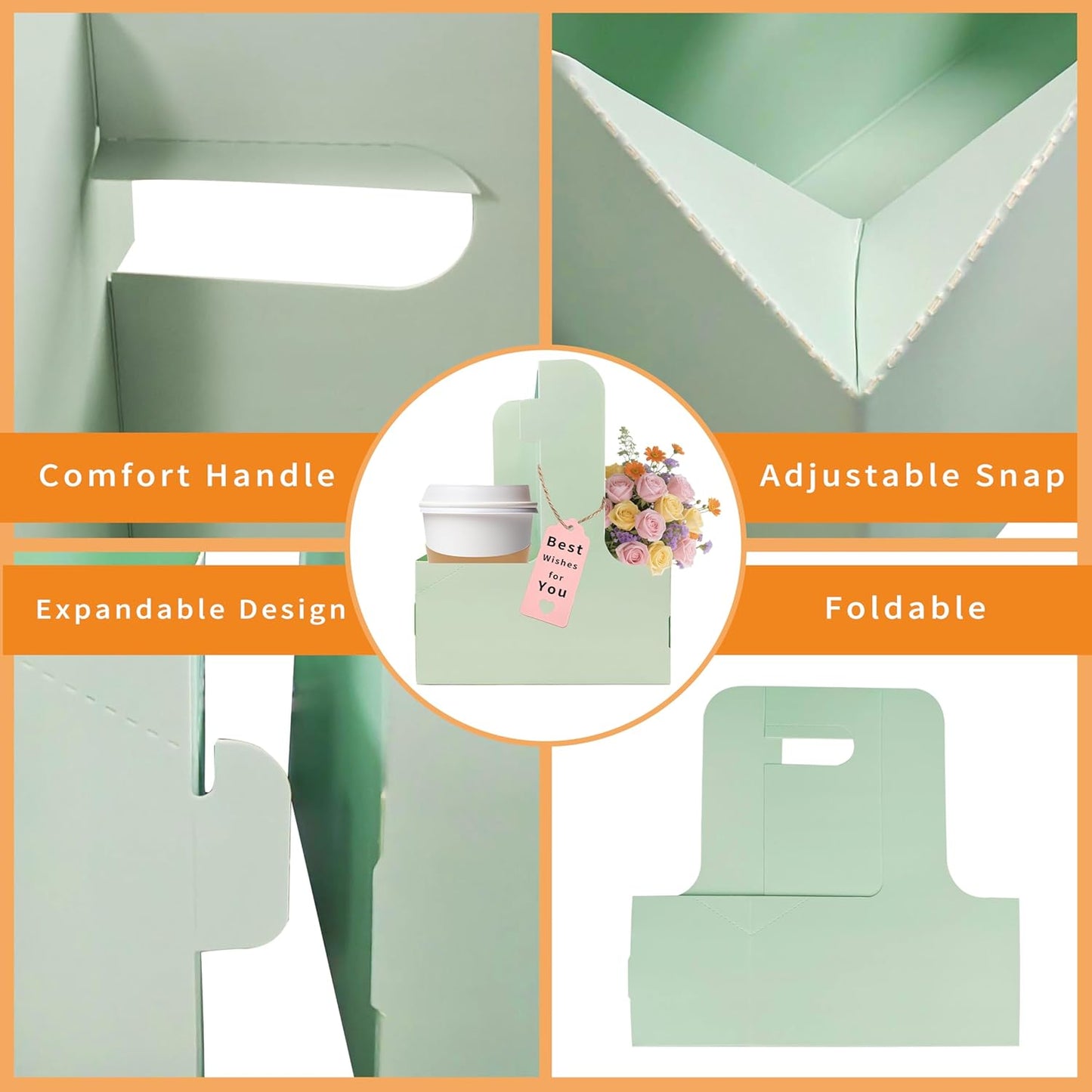 2 Cup Drink Carrier,32 Pack Coffee Cup Holders with Handle,Cardboard Cup Holders for Hot or Cold Drinks,Coffee Carrier with Ribbon and Card,Food Delivery Services and Bouquet(Green)