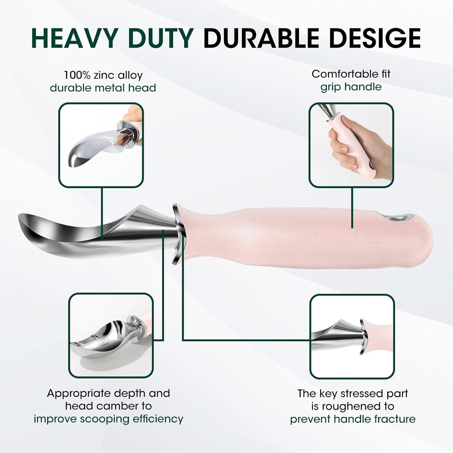 Beneno Heavy Duty Ice Cream Scoop - Upgraded Anti-Fracture Design, Comfortable Grip Long Handle, Effortless Scooping & Dishwasher Safe, Pink