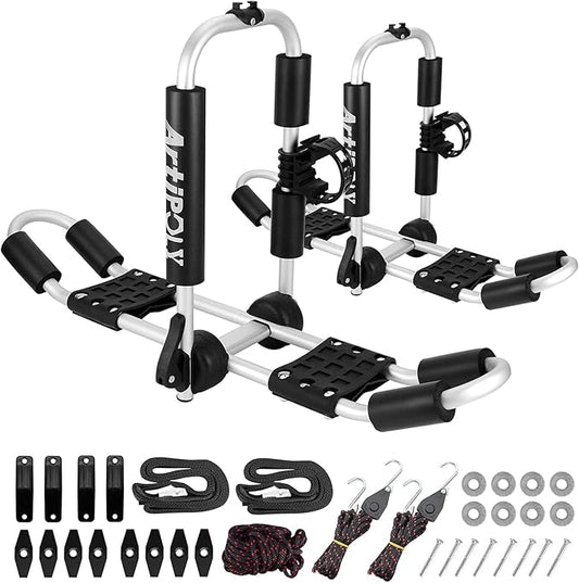 Kayak Roof Rack for 2 Kayaks, 4-in-1 Multifunction Bilateral Kayak & Canoe Car Racks J-Bar with Paddle Holder for Easy Mount Kayak/Surf/Ski/Canoe/SUP on SUV, Car and Truck Crossbar