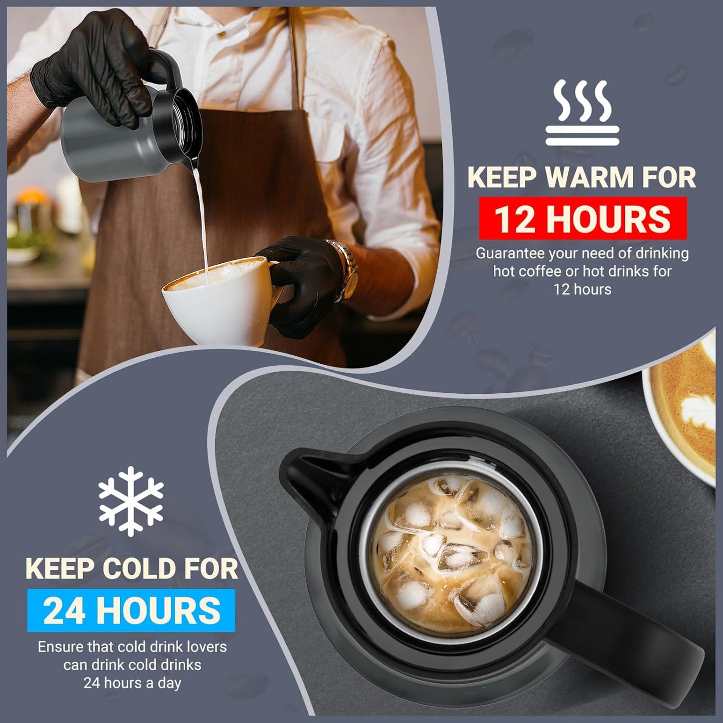 34Oz Thermal Coffee Carafe for Hot/Cold, Stainless Steel Thermos Carafes for Hot Liquids, Dustproof Insulated Hot Water Carafe for Party/Home,Charcoal