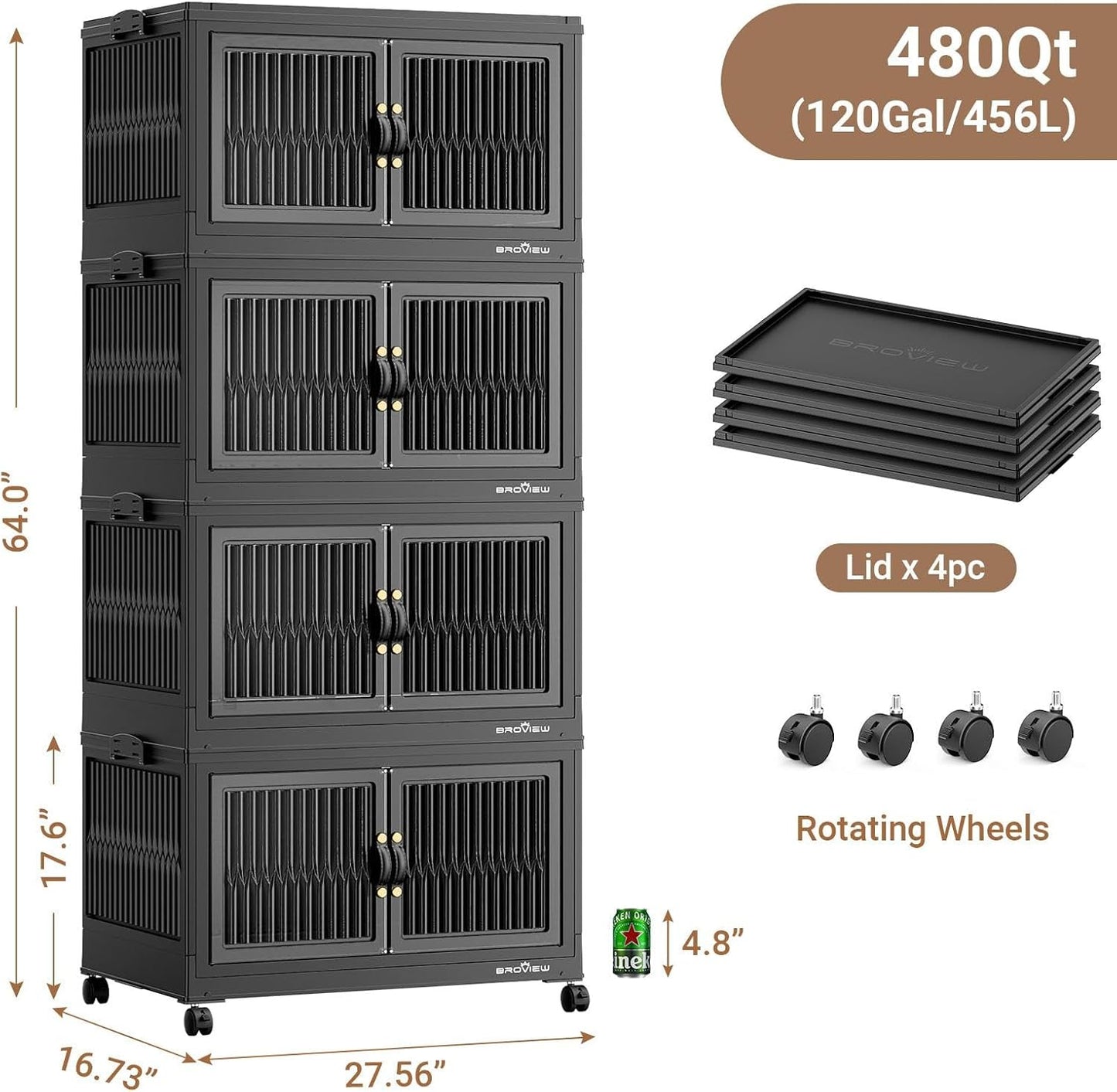 480Qt Stackable Storage Bins with 4 Lids, Extra Large Closet Organizer Collapsible Drawer Boxes with Wheels, Folding Plastic Cabinet Containers for Home Kitchen Room Organization, 4Pack Black