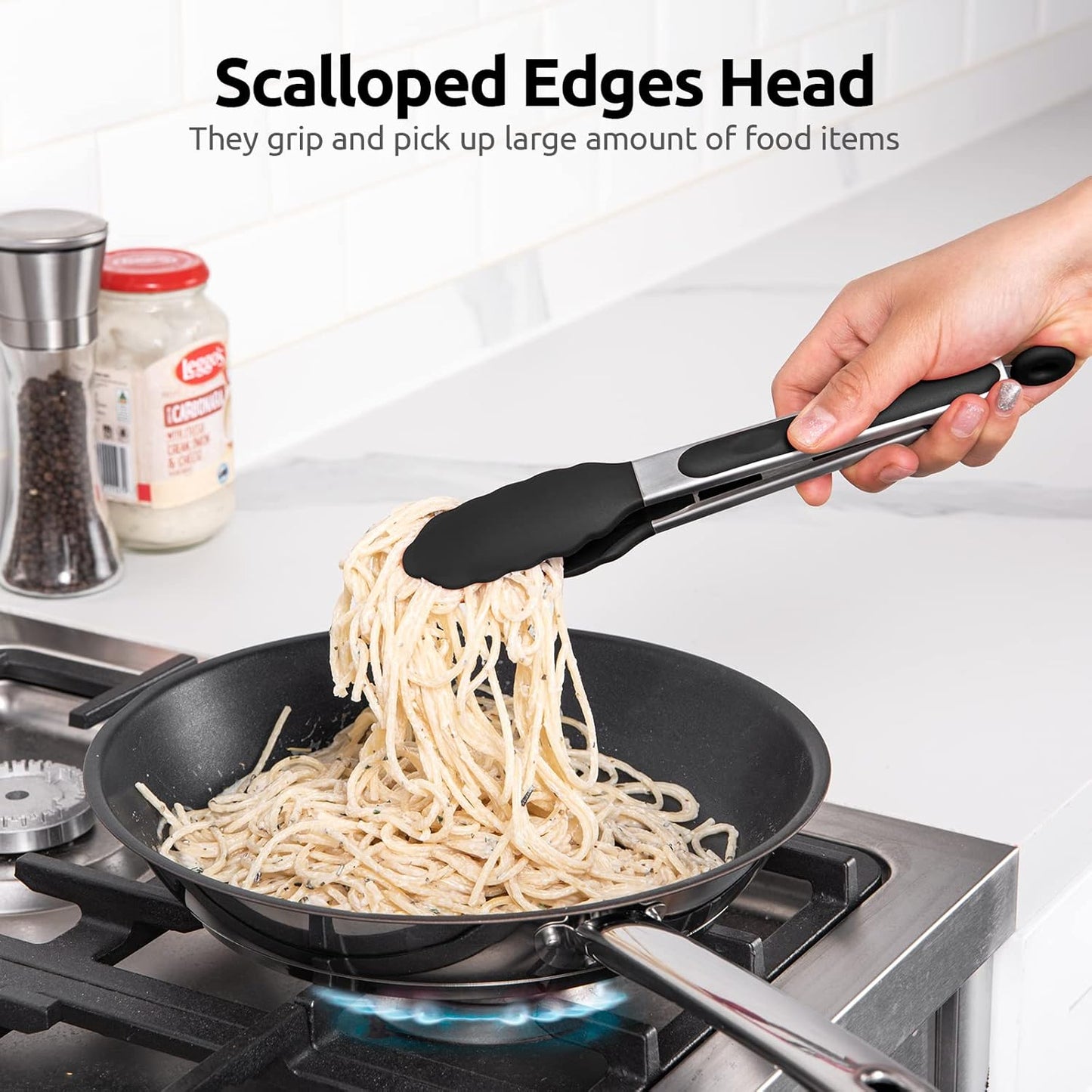 600ºF Heat Resistant Kitchen Tongs: U-Taste 9 inch Silicone Cooking Tong with Firm Sealed Non Stick Rubber Tips & Silicon Coated 18/8 Stainless Steel Handle & Smooth Locking for Serving Salad (Black)