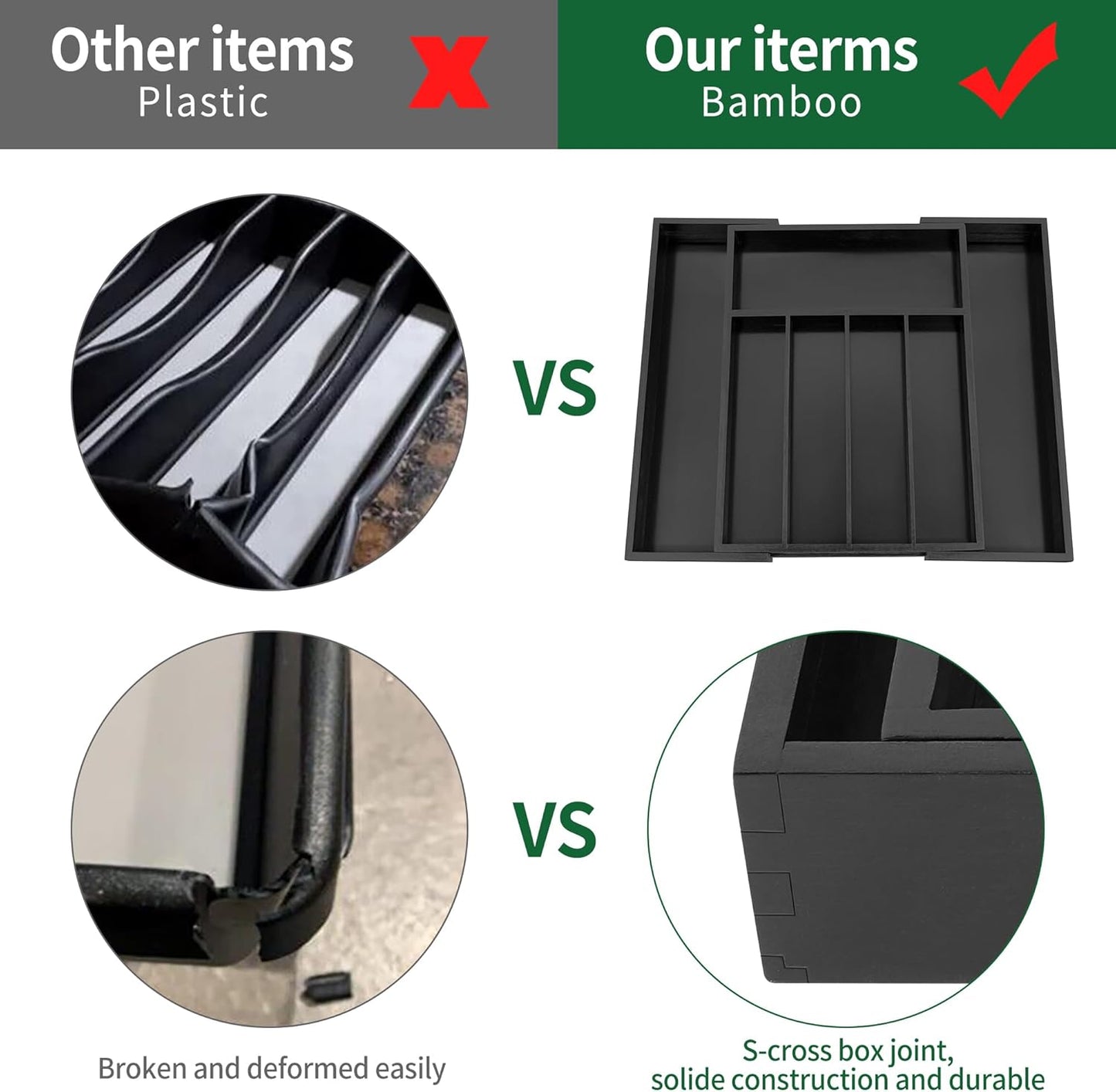 Utoplike Bamboo Silverware Drawer Organizer, Expandable Kitchen Utensils Drawer Organiser, Cutlery Tray Dividers, Flatware Caddy Drawer Insert, Office Supplies, Black 5-7 Slot