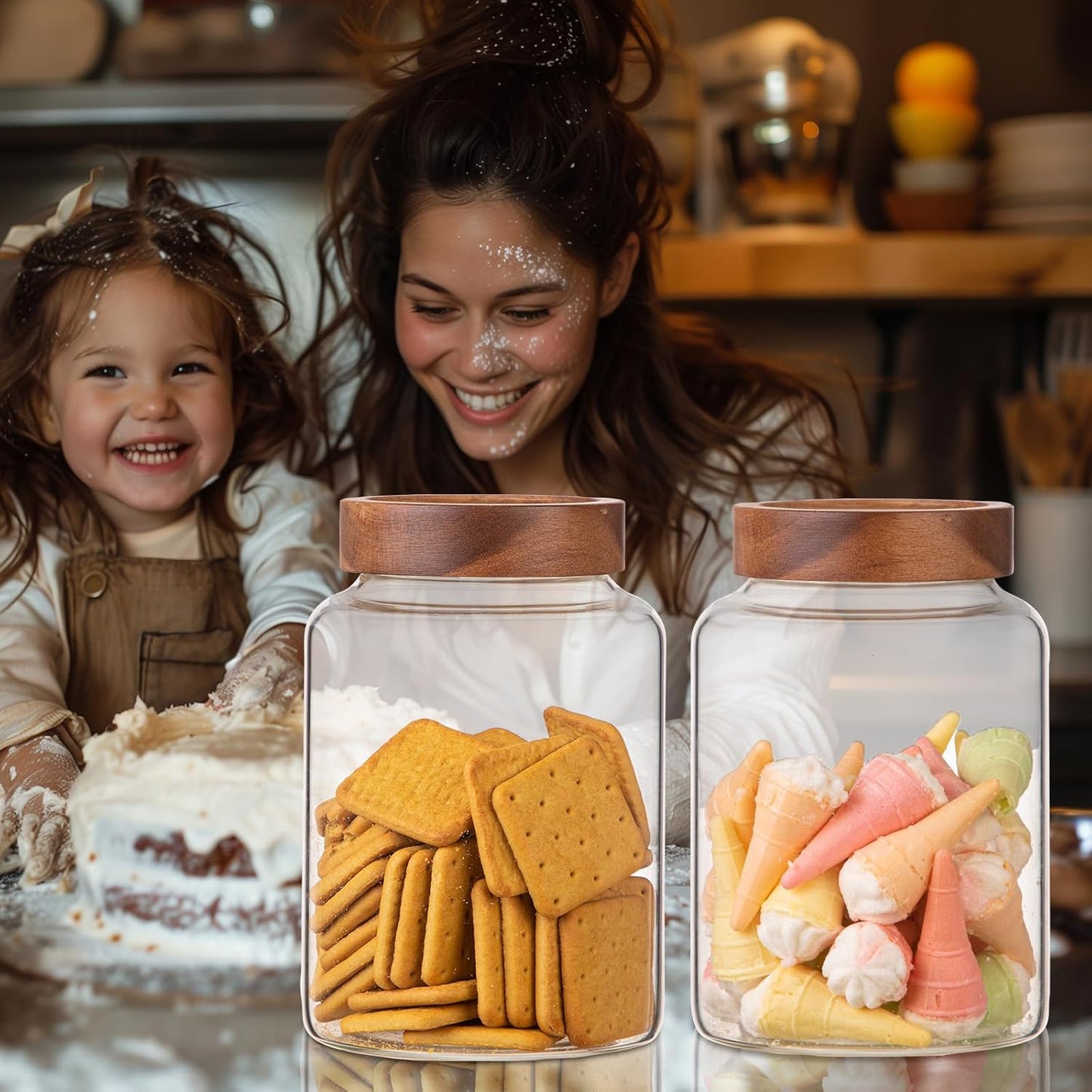 Large Glass Coffee Jars 60 oz /1800ml, Round Storage Canister with Wooden Lid Clear Glass Food Jar for Pantry Sugar Tea Coffee Bean Spice Nuts Cookies Bath Salts (1800ml/60oz-2PACK)