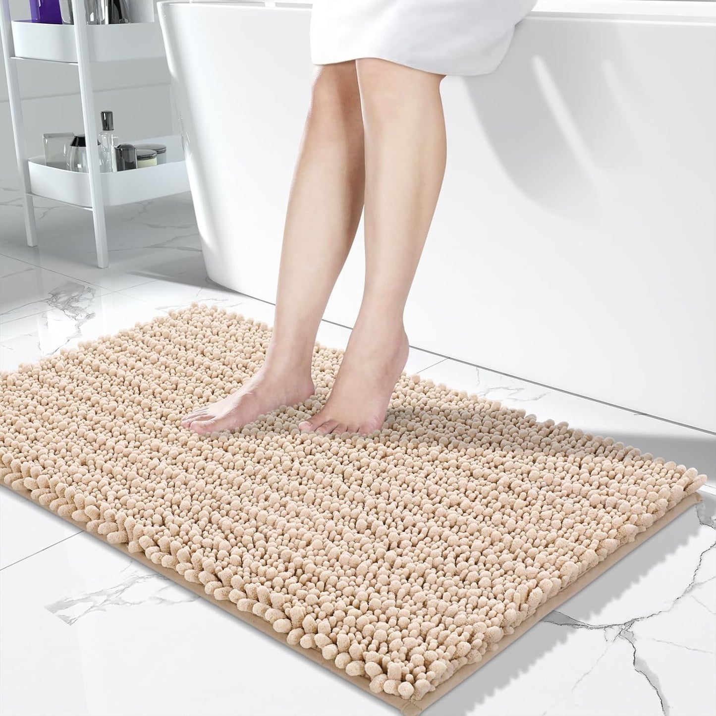 Yimobra Bathroom Rugs Non Slip Washable 24x17 Inch - Ultra Soft Absorbent Chenille Bath Mat, Quick Dry Shaggy Floor Carpet for Tub Shower, Light Brown Home Decor Accessories