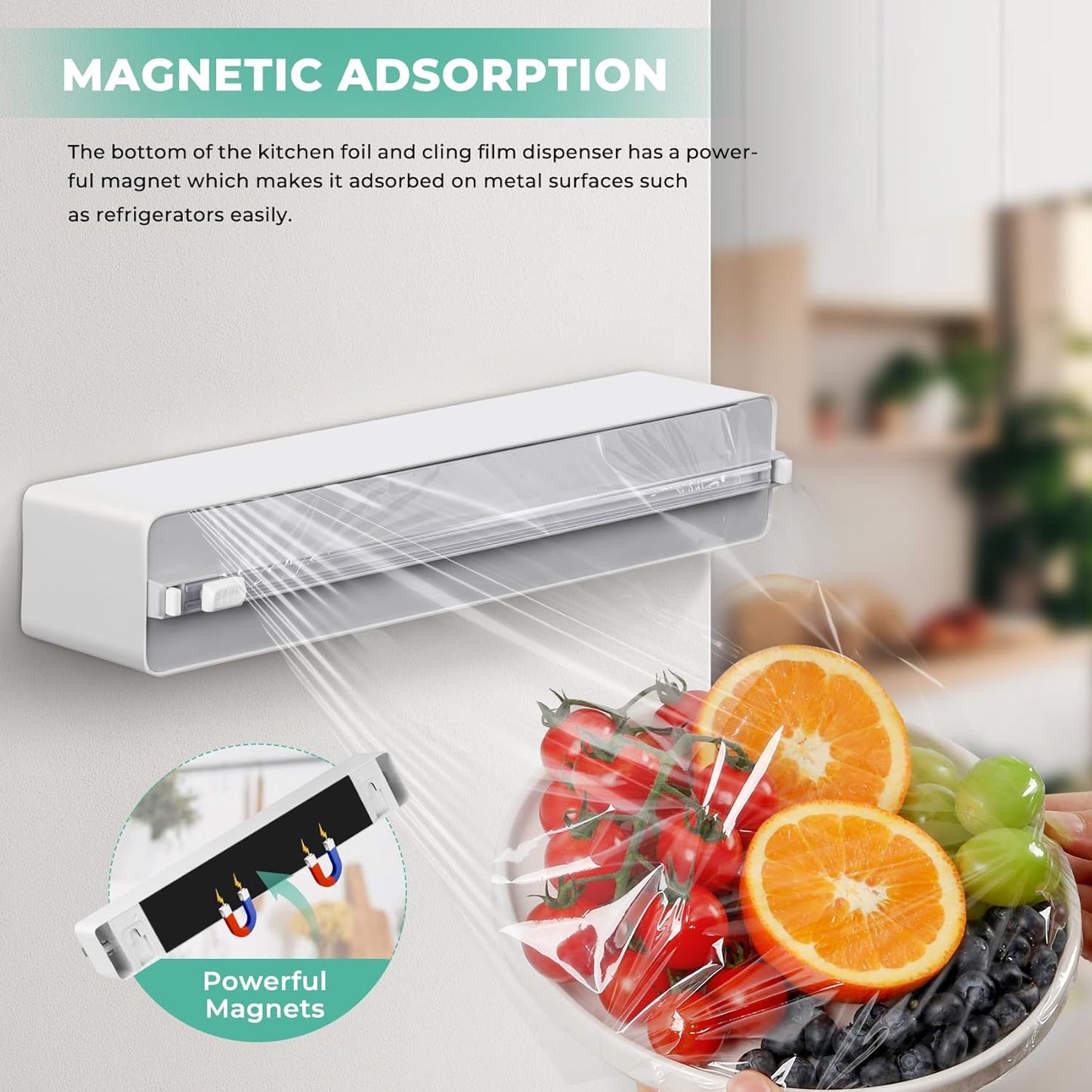 Magnetic Plastic Wrap Dispenser with Cutter - Quasziwa Upgrade Practical Refillable Cling Wrap Aluminum Tin Foil Organizer for Drawer, Include an Extra Roll of 12"X 164' Food Cling Film - Grey