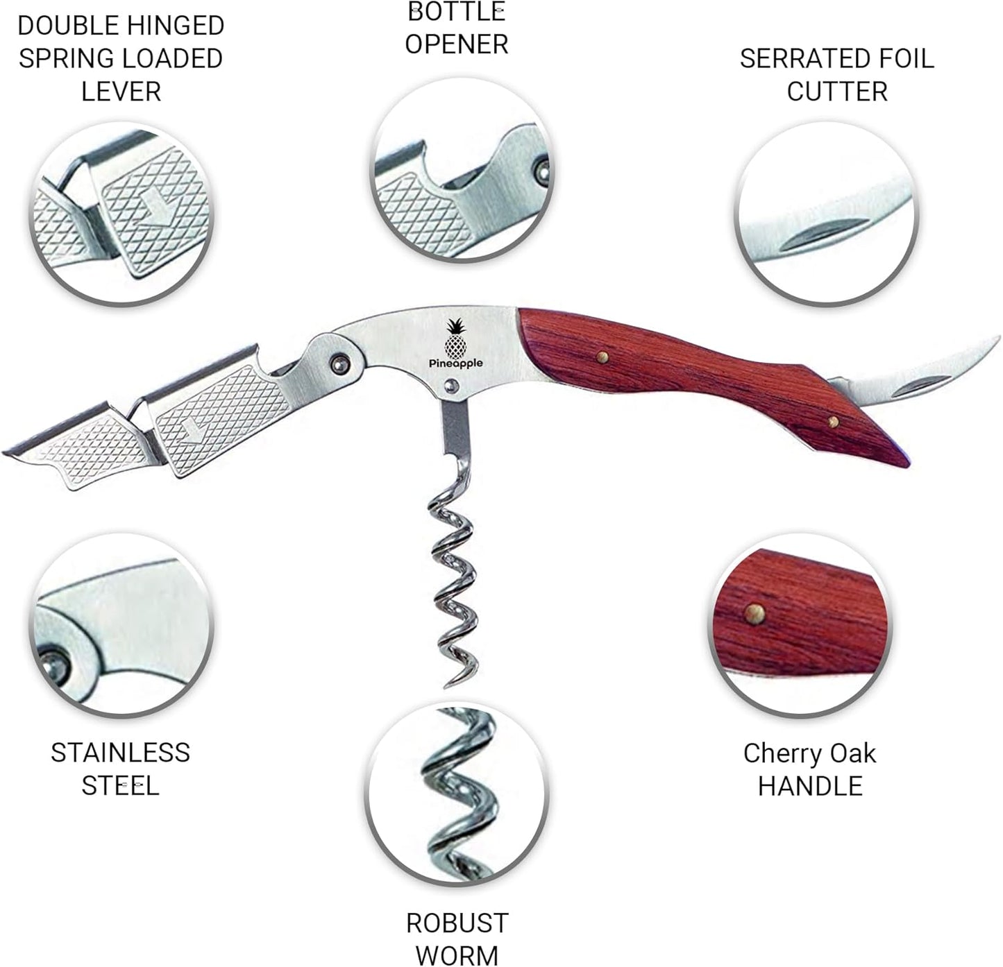 Pineapple Professional Corkscrew Wine Bottle Opener with Foil Cutter Wine Key for Waiters, Servers, Bartenders, Sommeliers, Wine Lovers (Cherry Oak)