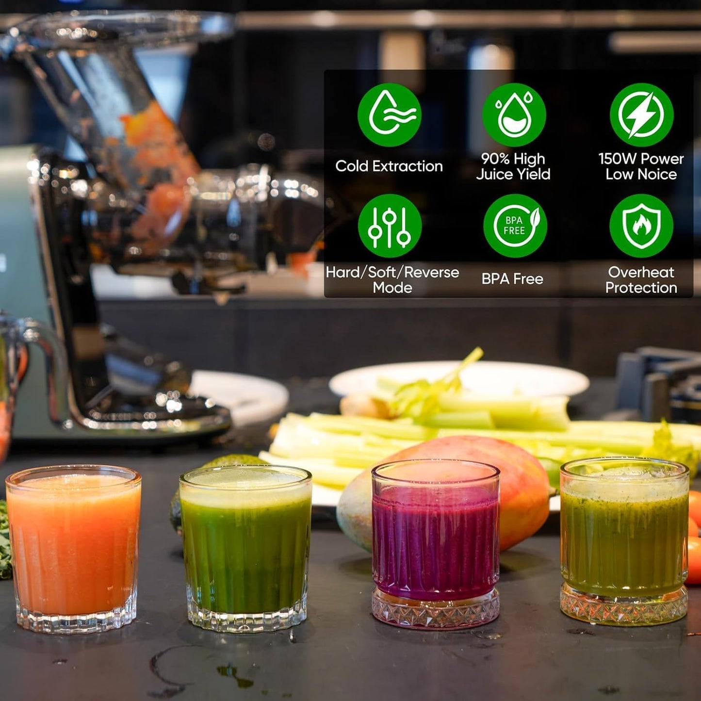 COZII Cold Press Juicer Machines,Slow Masticating Juicer Extractor Soft/hard Mode, 3.6" Large Feed Chute For Vegetable and Fruit, Easy to Clean Juicer, Quiet Motor, High Juice Yield