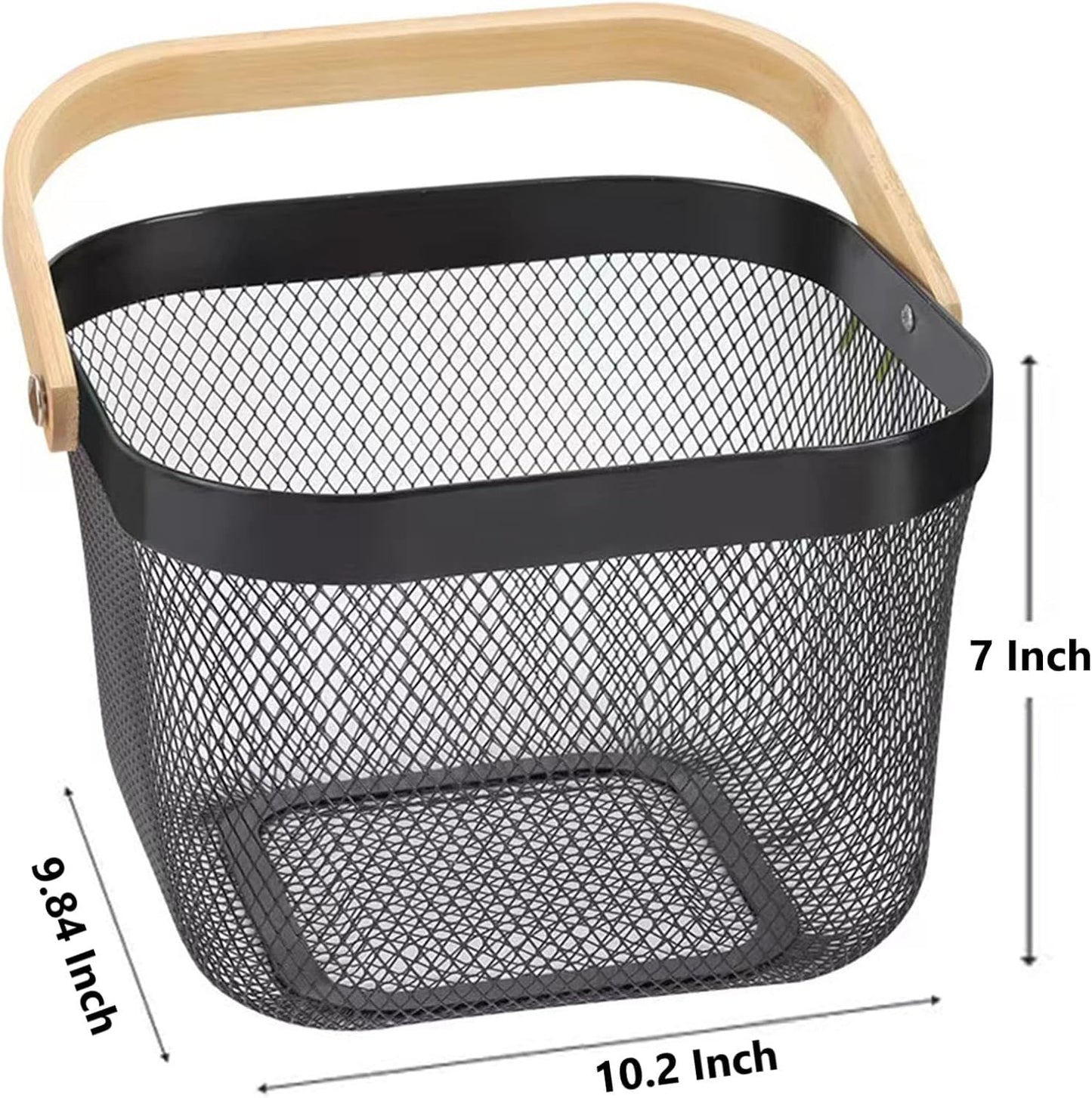 Metal Mesh Steel Basket, Storage Organizer Basket Multi-functional Hanging Kitchen Baskets Fruit Basket Bin with Bamboo Handle for Kitchen Bathroom Picnic Shopping Decor Cabinet Home, Black