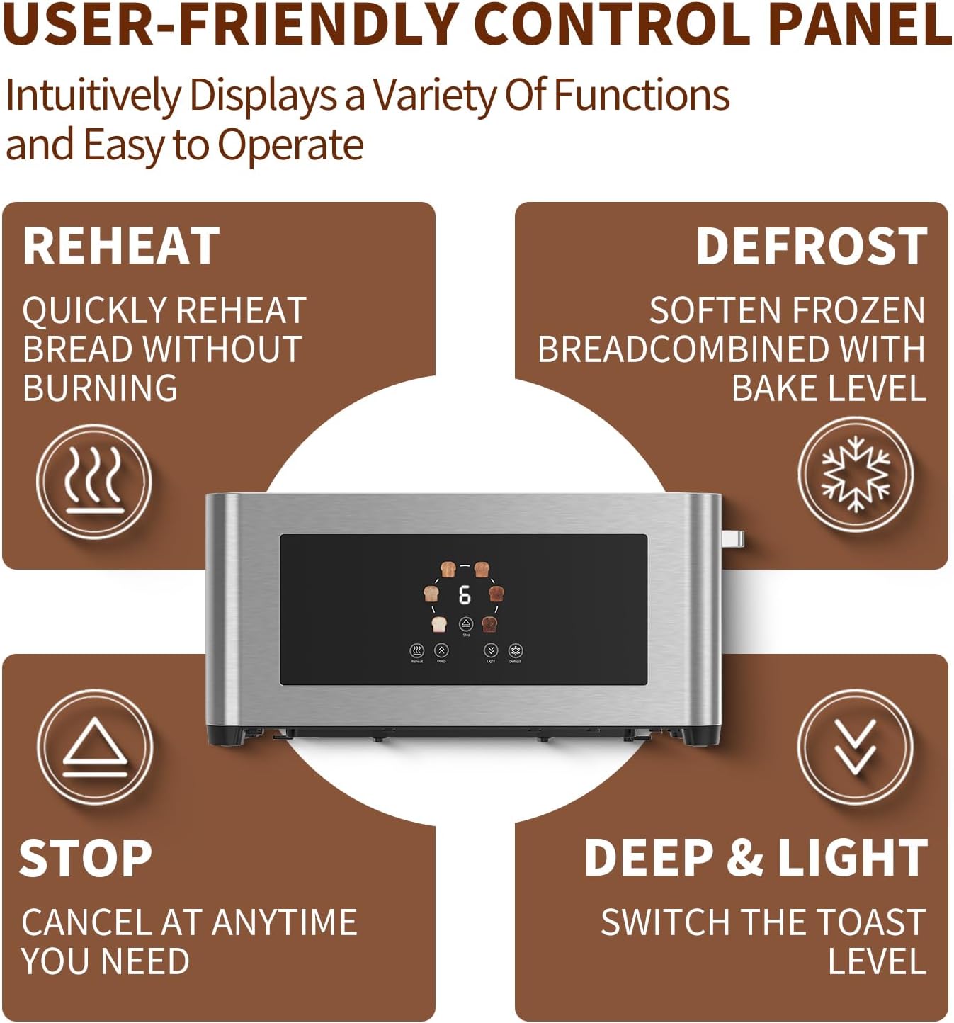 2 Slice Toaster with Touch Screen, Slim Toaster For Long Slice, 1.6" Wide Slot, 6 Browning Levels, 1000W Fast Heating, Slim Stainless Steel Design for Bagels, Baguettes, Compact Kitchen & RV Use