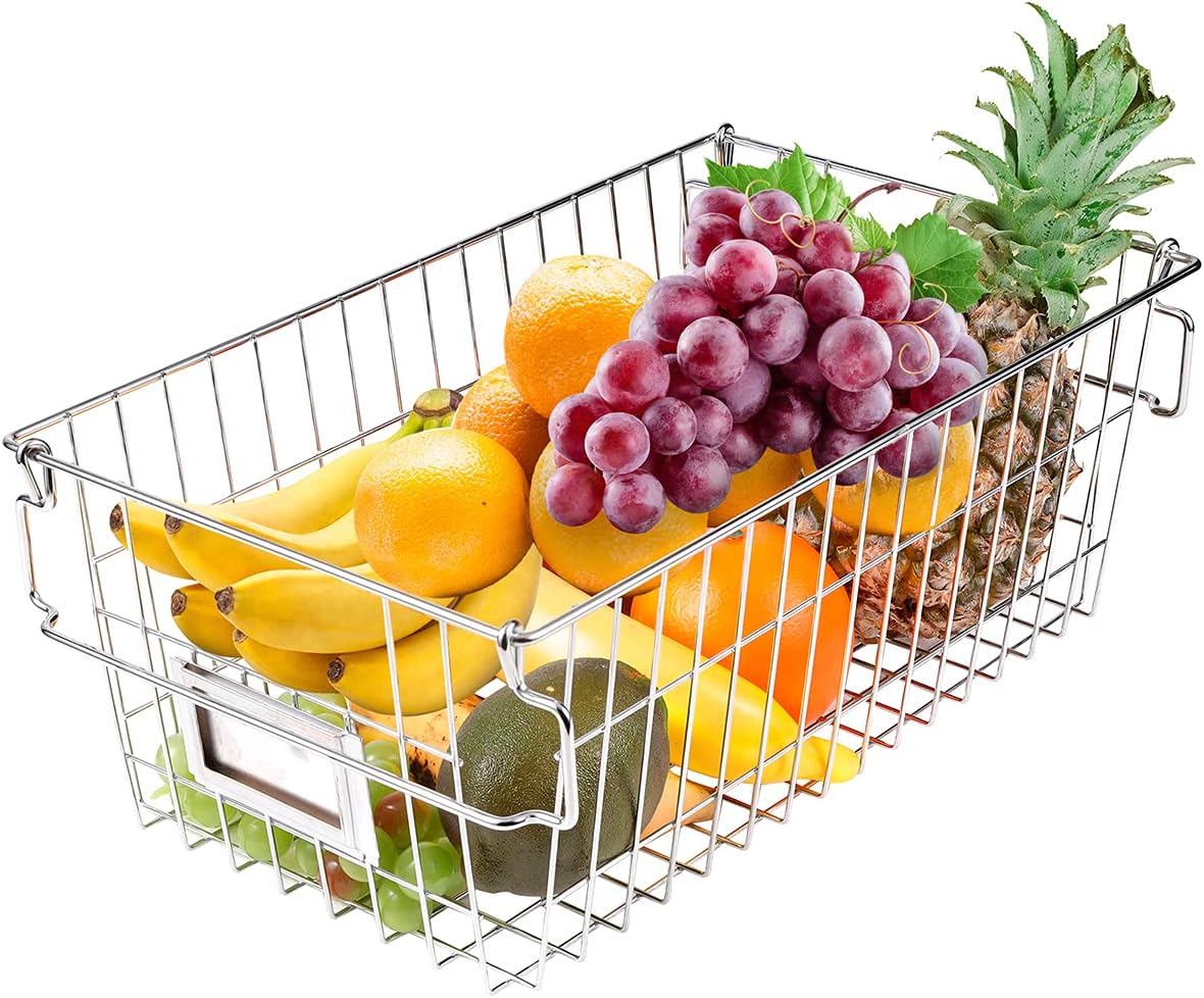 Orgneas Stackable Chest Freezer Baskets Organizer Bins, Metal Wire Baskets Pantry Organizer Produce Baskets with Tag Slot for Snacks Vegetables and Fruits