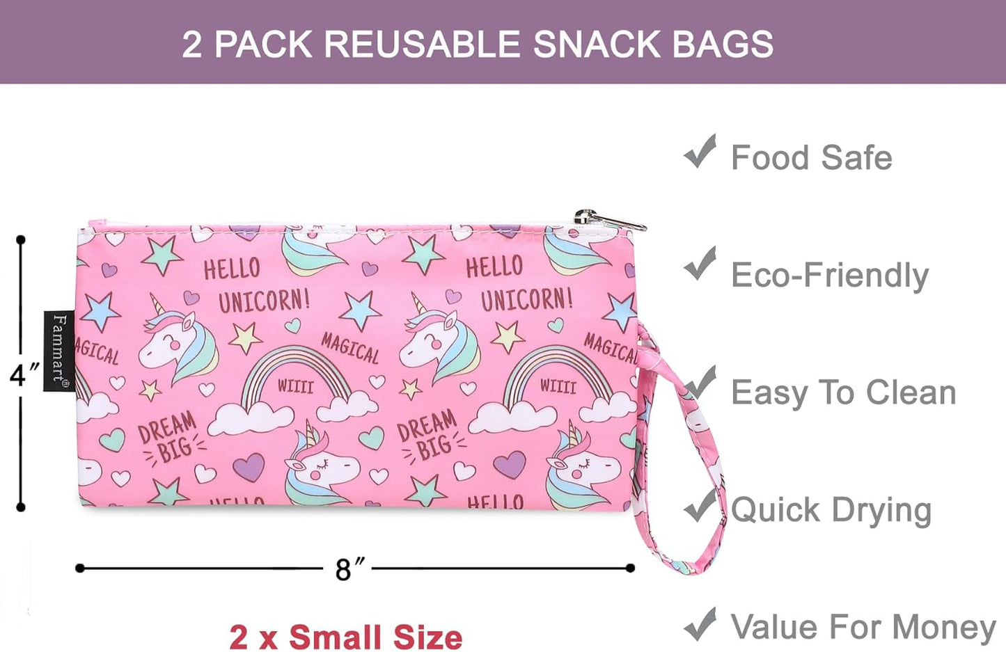 Reusable Sandwich Bag/Snack Bag for Kids & Adults, Dual Layer Lunch Bag with Handle, Washable, Food Safe, BPA Free (2-Pack, Rainbow Unicorn)