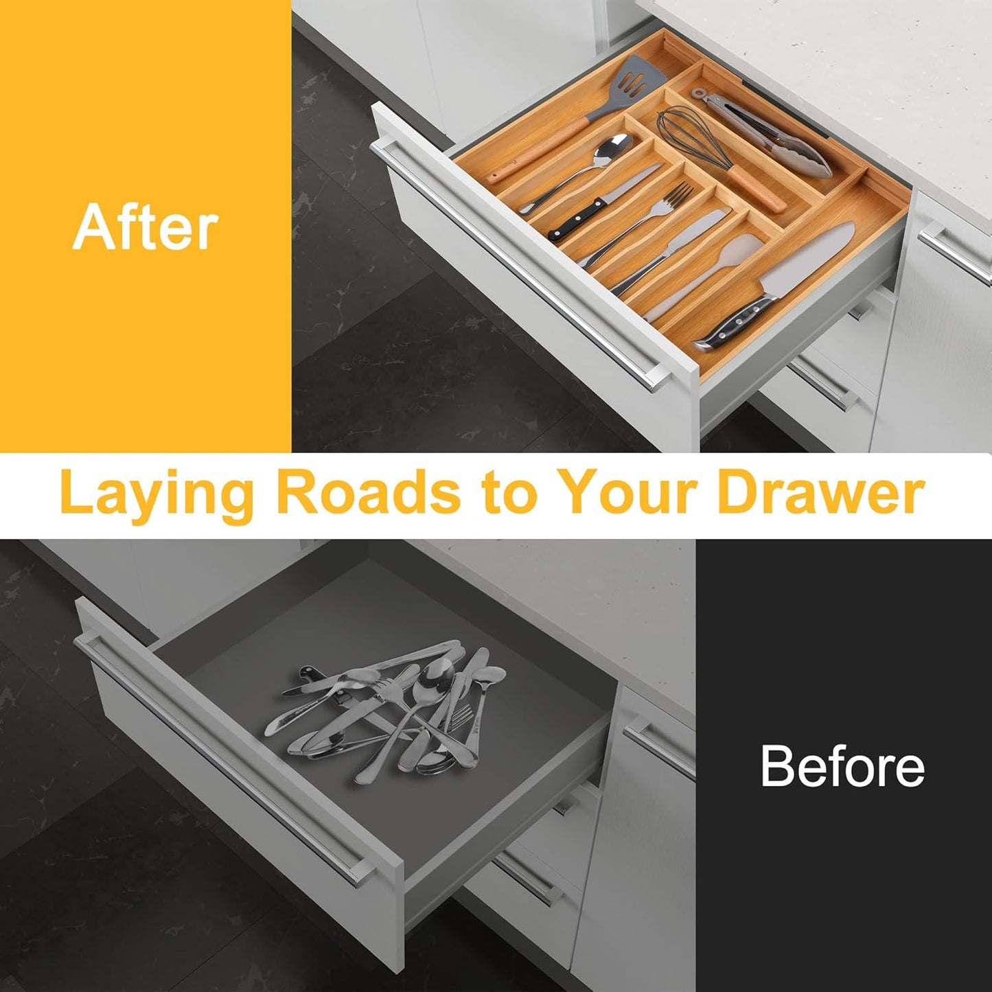 Large Premium Bamboo Silverware Organizer - Expandable Drawer Organizer & Utensil Organizer - 17"x19.7" Cutlery Tray with Dividers for Kitchen Utensils and Flatware (7-9 Slots) (Natural)