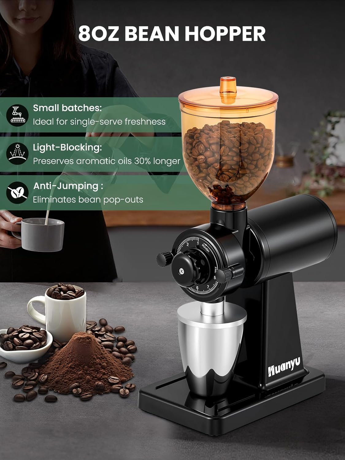 Huanyu Electric Coffee Bean Grinder with Closed Grinding System - 8 Adjustable Settings, Flat Burr Coffee Grinders Anti-Static Design for Dust-Free Home Use