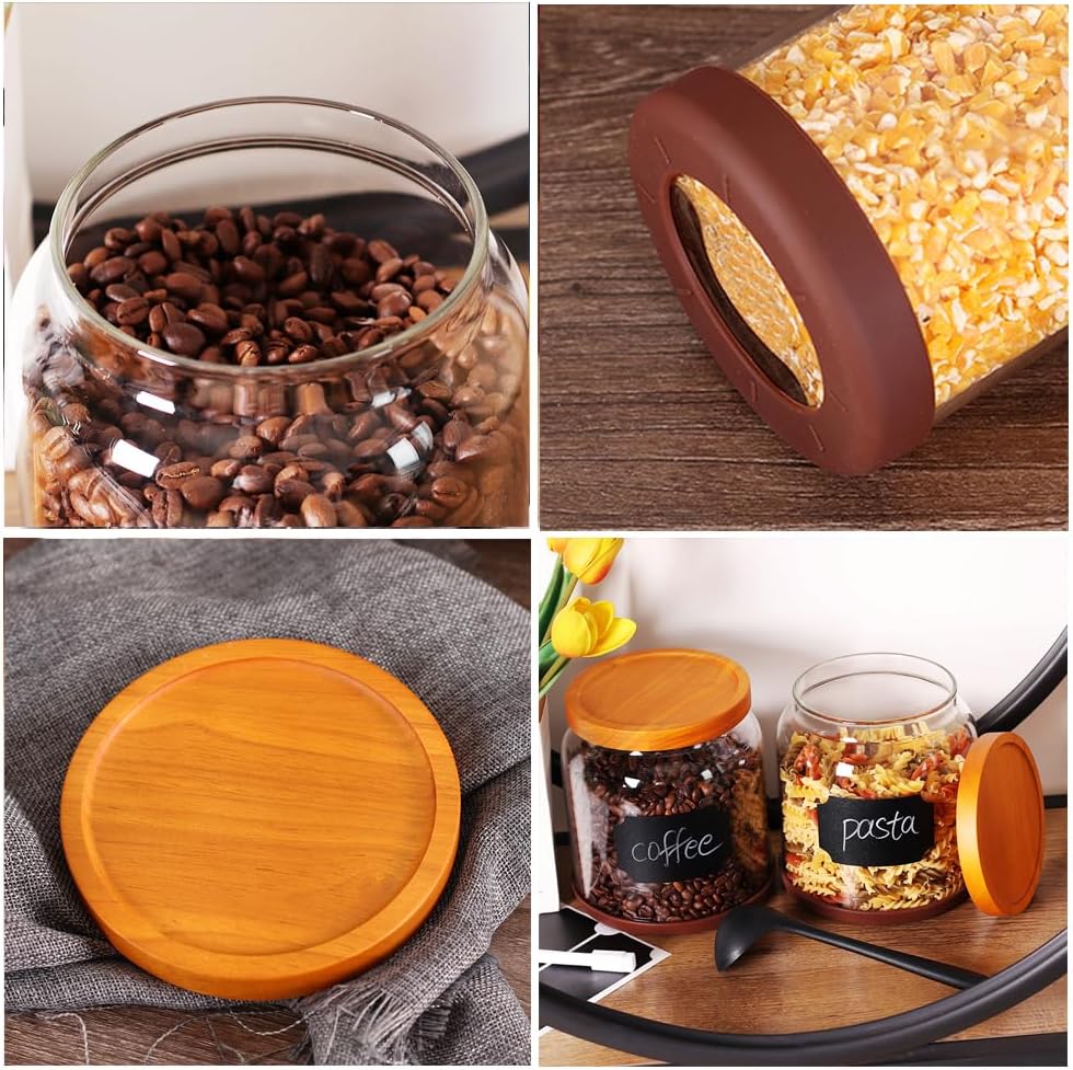 SAIOOL 2PCS Large Glass Storage Jars with Wooden Lids,Airtight Food Storage Containers, 3mm Thick Glass Kitchen Pantry Organization, Laundry Detergent Pods, with Scoop & Labels (67 FL OZ/2000 ml)