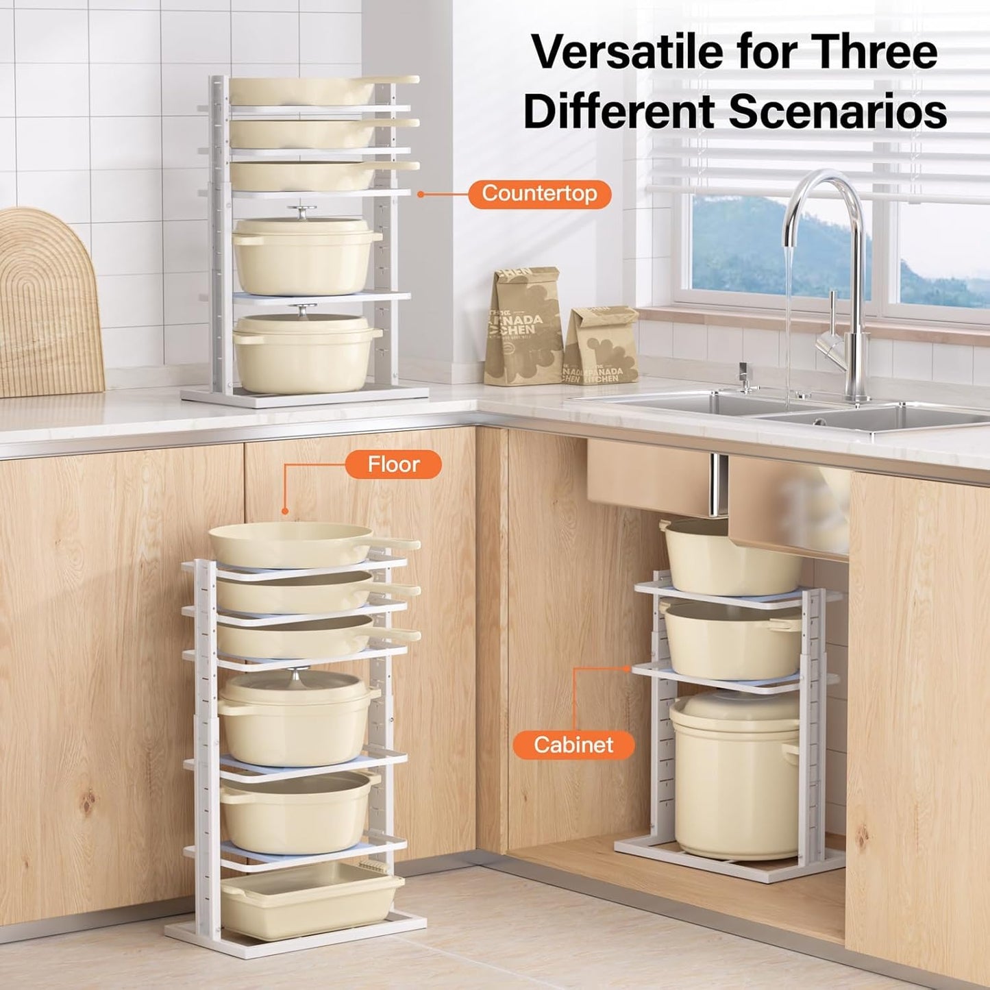 LAMU Pots and Pans Organizer for under Cabinet，6-Tier Heavy Duty Adjustable Pan Pot Organizers inside Cabinet, Pot Rack for Kitchen Cabinet Organization and Storage White