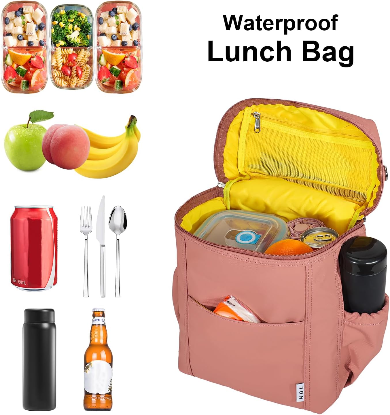 NOL Natural Organic Lifestyle Insulated Lunch Bags for Women Cooler Bag Lightweight Nylon Waterproof Lunch Box For Work (Dark Pink, Large)