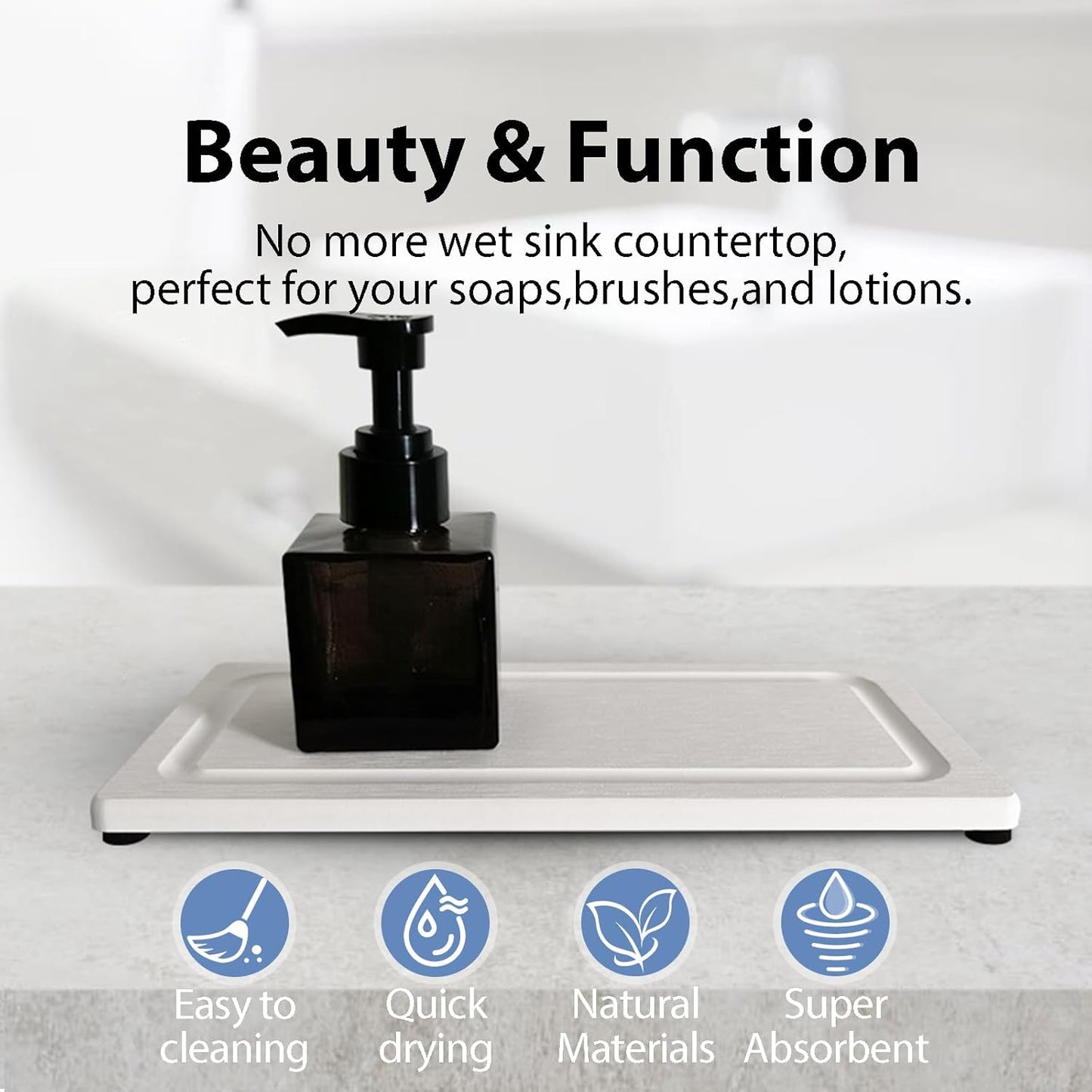 2 PCS Fast-Drying Stone Trays for Bathroom Sink & Kitchen Counter, Water Absorbing Diatomite Sink Coasters, Vanity Tray, Hand Soap Holder with Anti-Skid Pads (9.5" x 4.7" White)