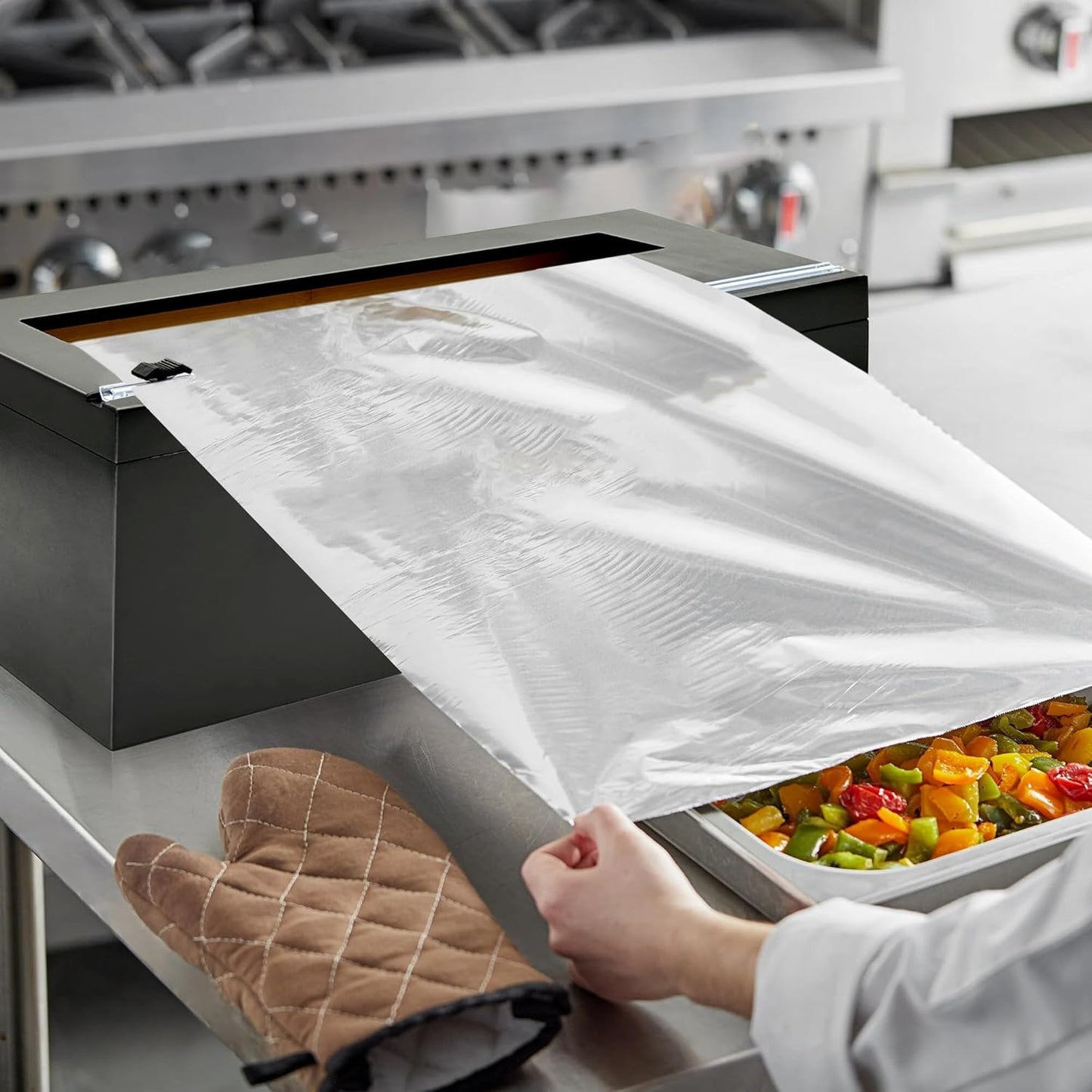 12" Black Commercial Foil & Plastic Wrap Dispenser Organizer w/Slider Cutter & Roller - Heavy Duty XL Holder for 3000ft Film, 1000ft Foil Rolls - Kitchen, Restaurant, Foodservice Storage