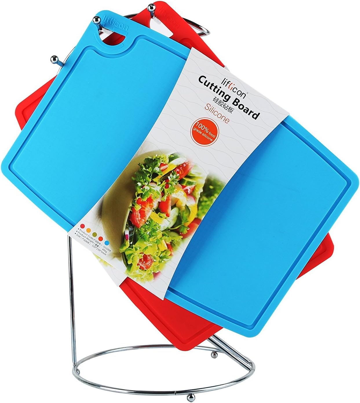 Thick Cutting Boards for Kitchen Silicone Chopping Board Set of 2 Mid 12.6'' x 9.1”,Mini 9.1”x7.1” Non-slip Deep Drip Juice Groove Easy Grip Handle,Dishwasher Safe-Blue