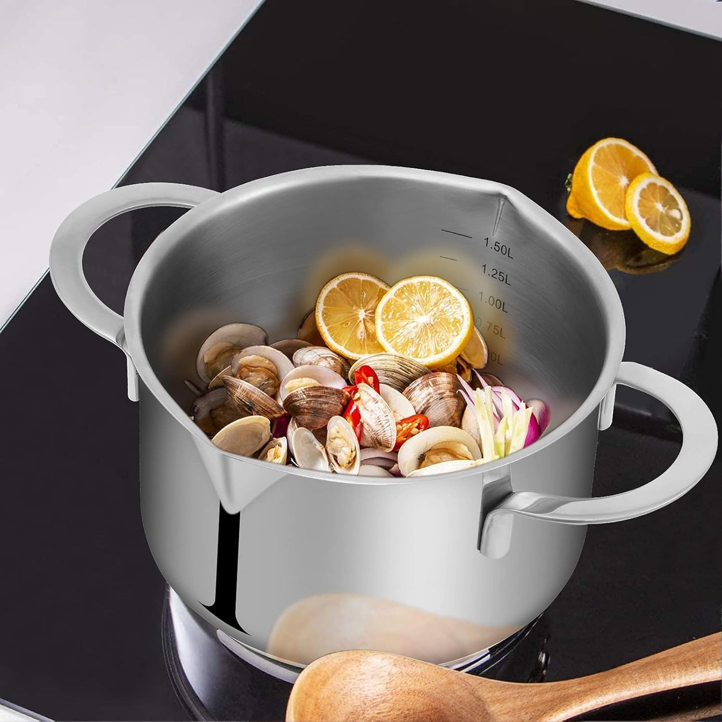 Tri-Ply Stainless Steel Sauce Pan with Steamer Basket & Straining Glass Lid — Heavy-Duty, Thick Base,Rust-Resistant,Warp-Free —100% Food-Grade —Built to Last– Works with All Stovetops, Pasta Pot 2 QT