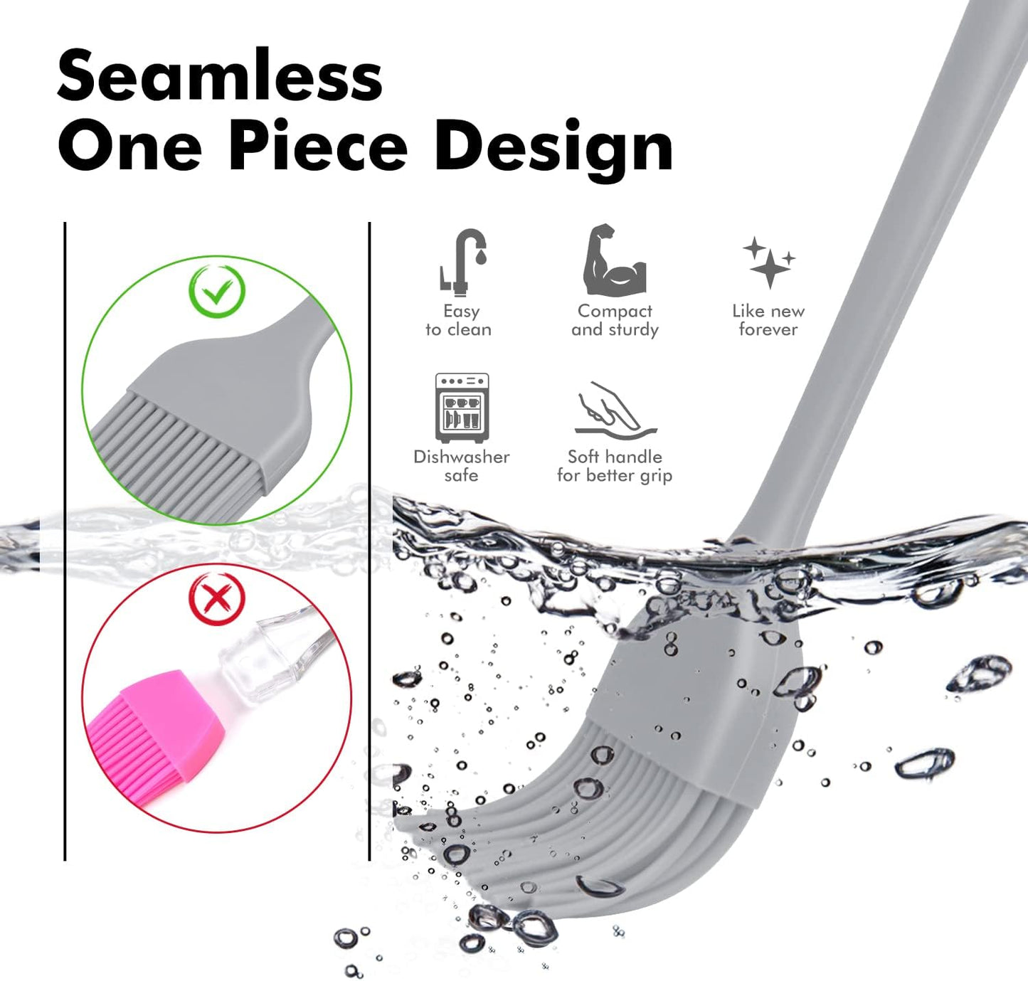 HOTEC Basting Brushes Silicone Heat Resistant Pastry Brushes Spread Oil Butter Sauce Marinades for BBQ Grill Barbecue Baking Kitchen Cooking BPA Free Dishwasher Safe (Grey 2)