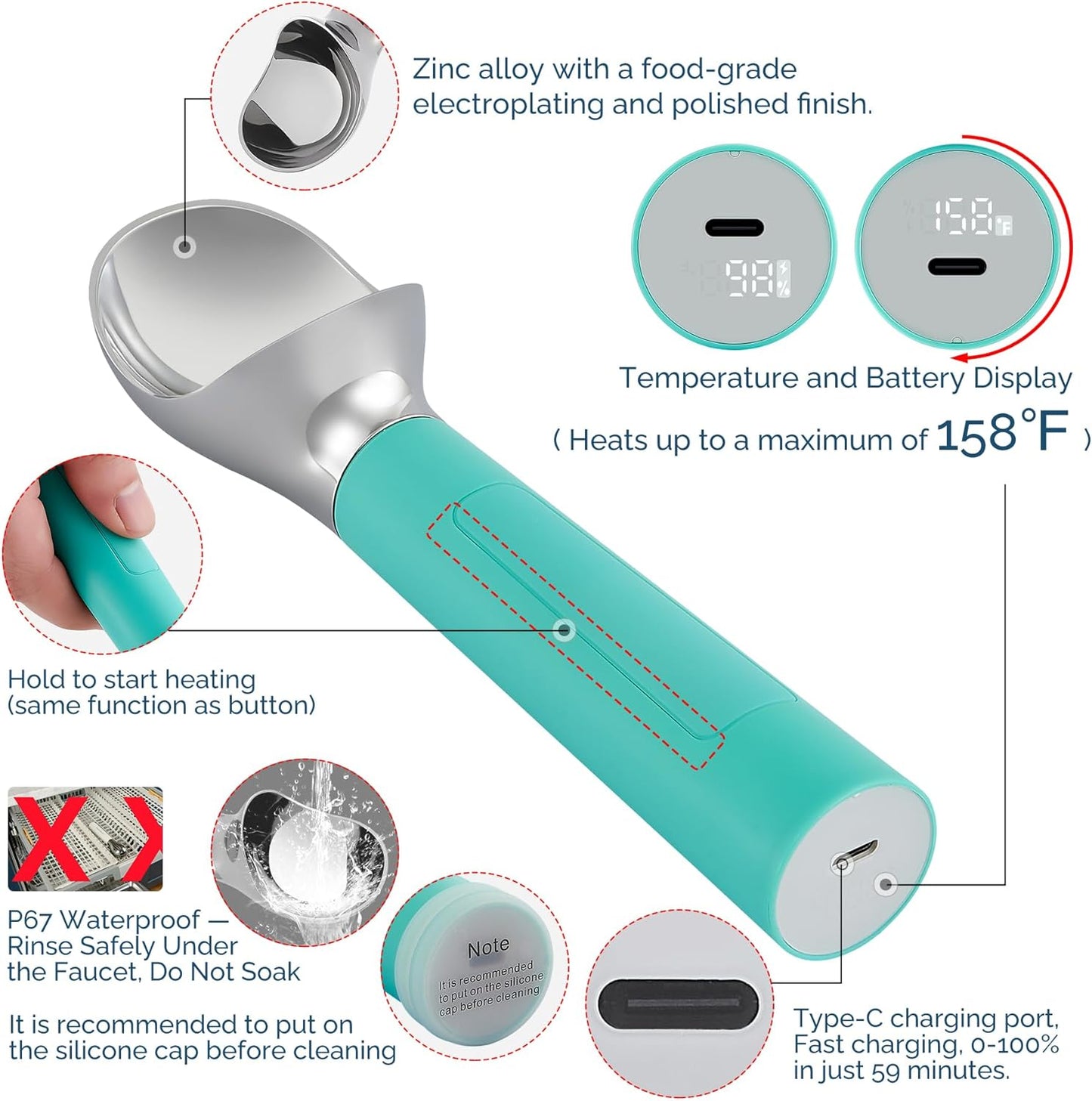 Heated Ice Cream Scoop Rechargeable, Electric Warming Ice Cream Scooper with LED Display, Heats to 158°F for Hard Ice Cream, Easy for Seniors & Kids, IP67 Waterproof (Retro Mint, 2oz)