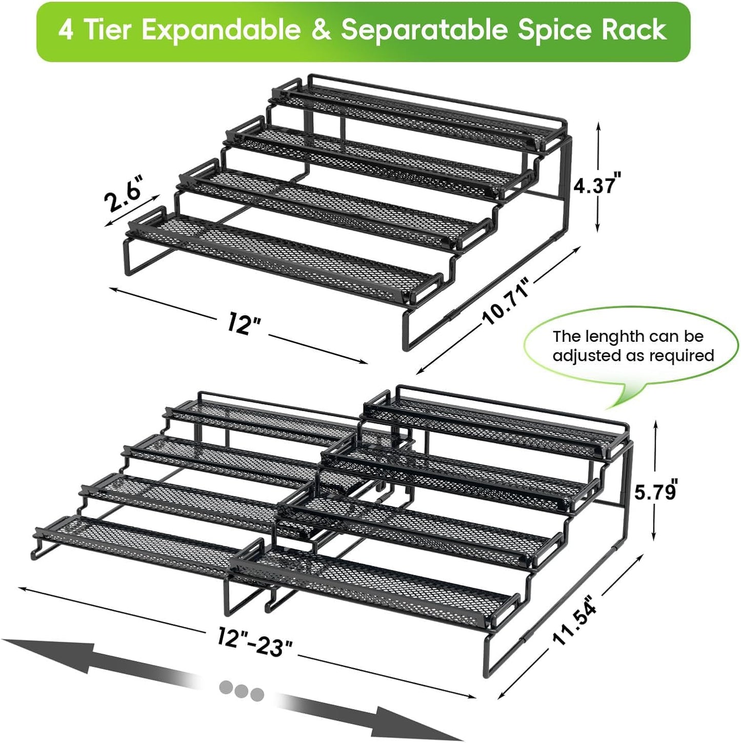 4 Tier Adjustable Spice Rack Organizer for Cabinet - Black (2 Pack) | Expandable Spice Shelf with Protection Railing for Inside Cabinets, Countertop, Pantry Storage & Seasoning Organization