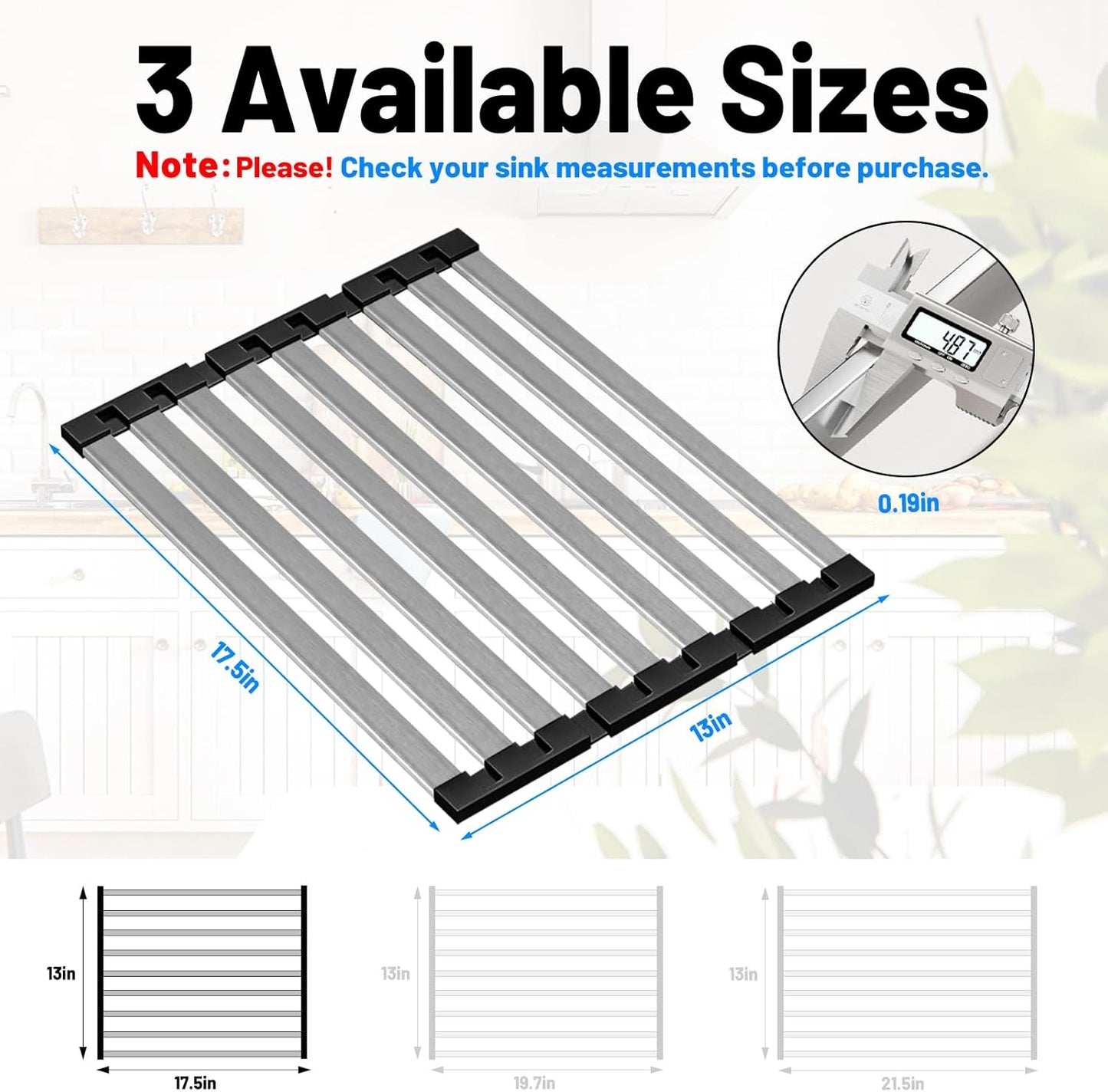 17.5" X 13" Roll Up Dish Drying Rack, 304 Stainless Steel Over Sink Dish Drying Rack, Foldable Heat-Resistant Dishes Drainer for Kitchen and RV Sink Counter, Black