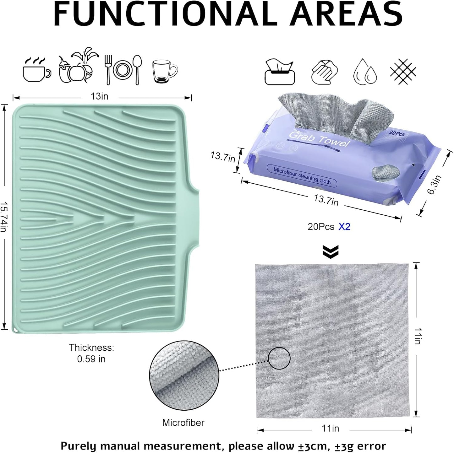 Silicone Dish Drying Mat, Stone Drying Mat for Kitchen Counter with Built-in Drain, Non-Slip 15.8" X 13" Drying Matt Kitchen Counter and Grey Microfiber Cleaning Cloth, Cleaning Rags Set(Mint)