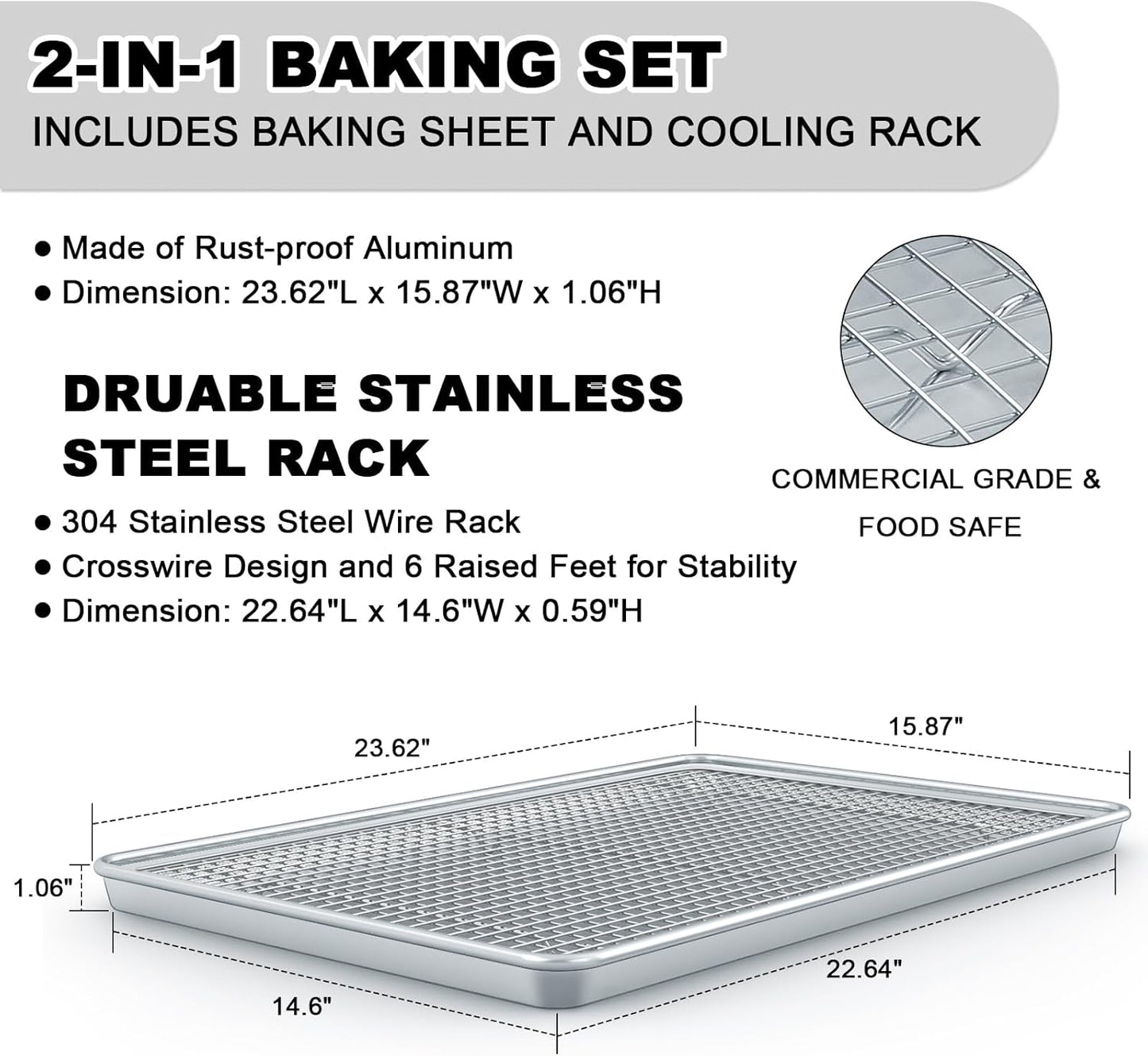 24 Inch Baking Sheet Pans with Rack Set, Natural Aluminum Cookie Sheet, Extra Large Commercial Quality Baking Sheet Pan Set, Warp Resistant Nonstick Thick Cookie Tray Pans for Baking, Roasting