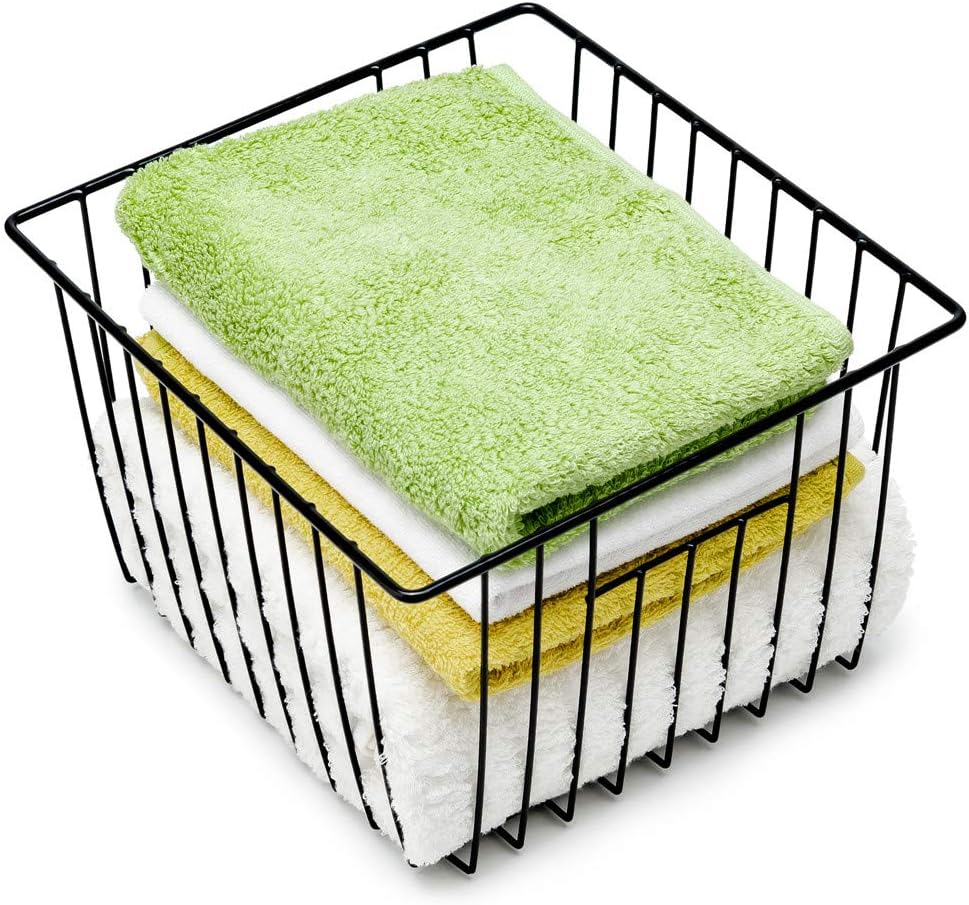 Slideep Refrigerator Freezer Organizer Wire Storage Basket, Farmhouse Food Wire Bins Container with Handles for Kitchen, Pantry, Freezer, Cabinet, Car, Bathroom Black 4 Pack