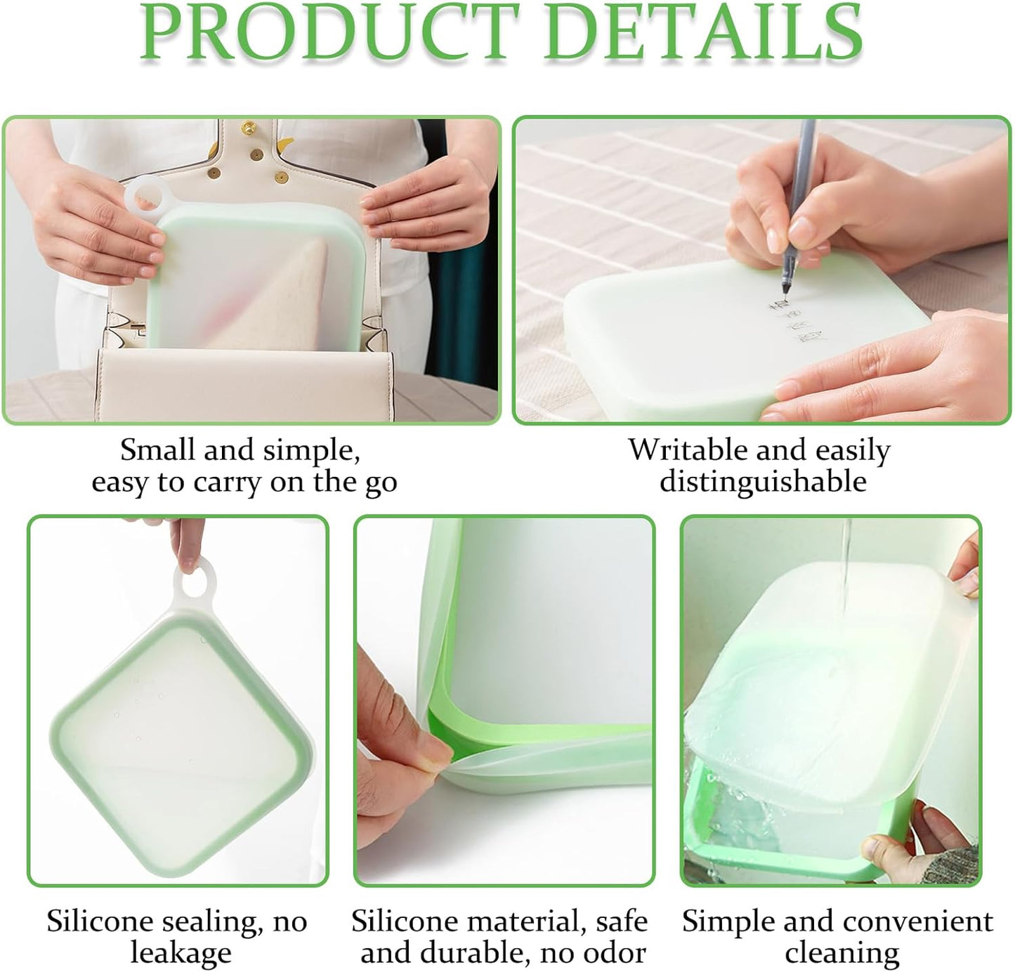 3 Pcs Sandwich Containers, Silicone Sandwich Storage for Lunch Boxes, BPA Free, Leakproof, Reusable Sandwich Holder for Fruit,Salad,Snacks and Food Storage, Microwave Freezer & Dishwasher Safe (Green)